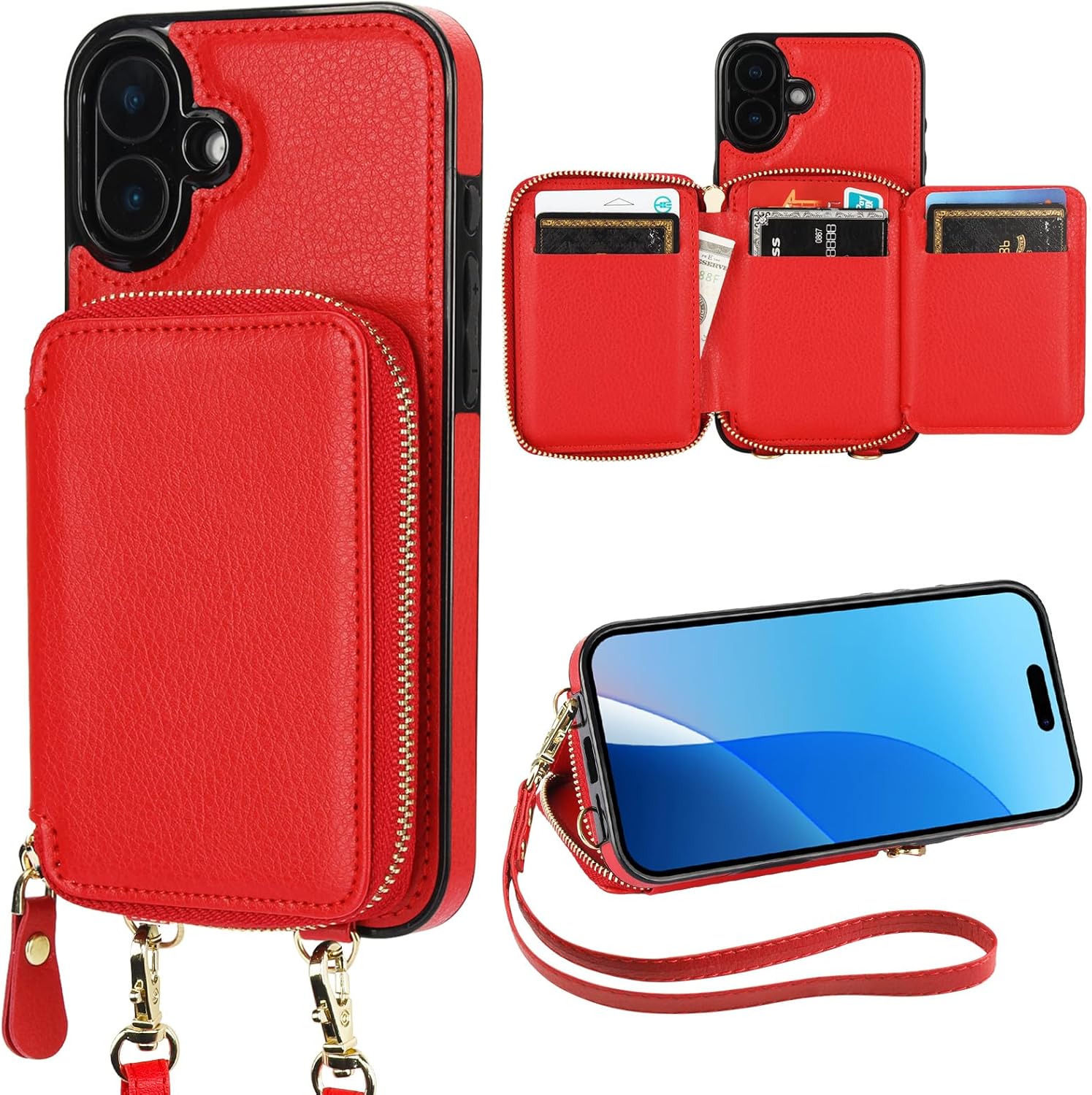 Bocasal RFID Blocking Wallet Case for iPhone 16 Plus, Adjustable Crossbody Zipper Purse Case Card Holder with Kickstand Detachable Wrist Strap, PU Leather Flip Folio Case 6.7 Inch 5G (Red)