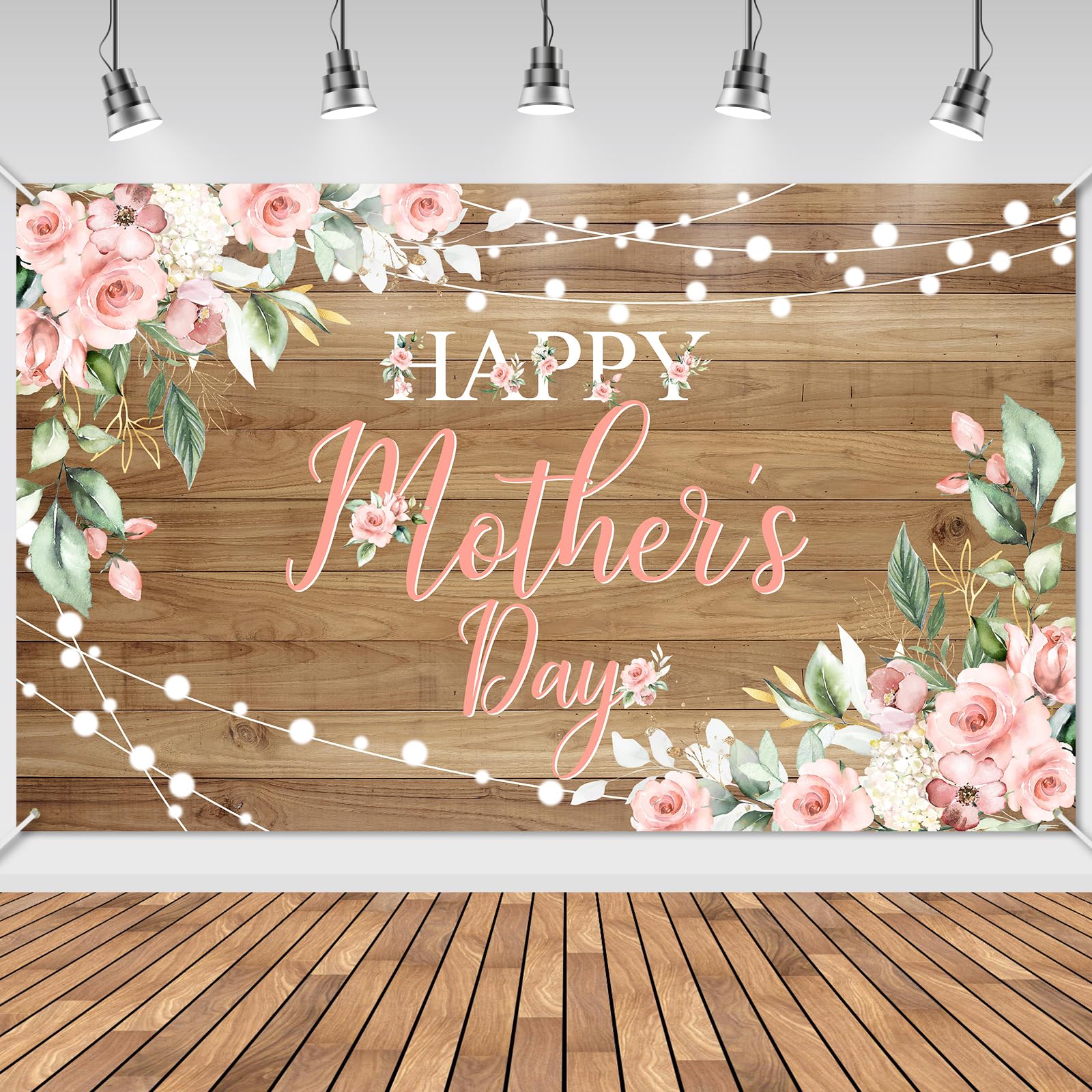 Avezano Happy Mother's Day Banner Floral Wood Mothers Day Backdrop Happy Mothers Day Party Decorations Thanks Mother's Day Photo Booth Props 6x3.6ft