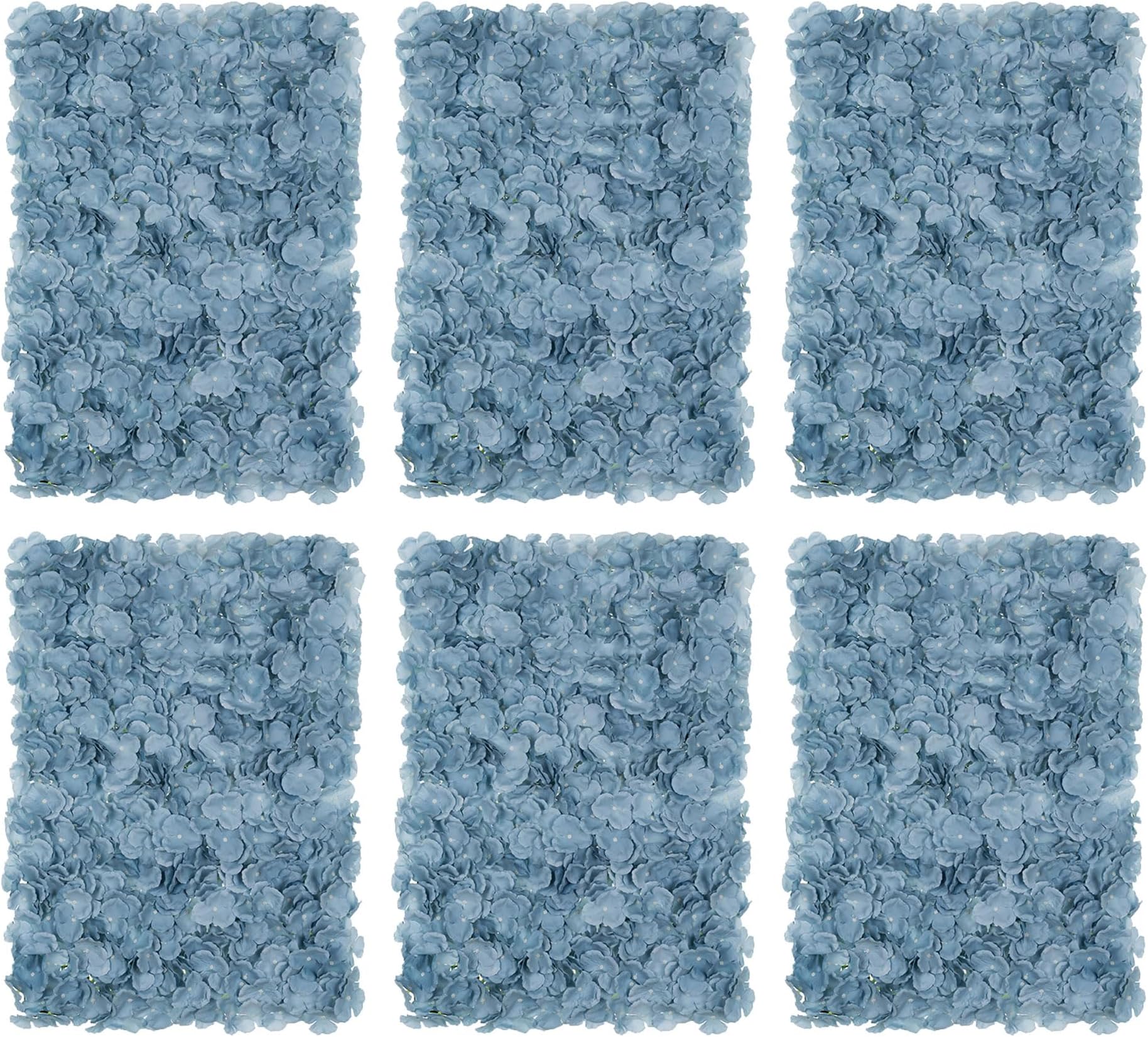 BLOSMON Flower Wall Panel Backdrop - 6 Pcs 24 x 16 Inch Dusty Blue Artificial Hydrangea Floral Backdrop for Wedding Party Baby Bridal Shower Decor, Hanging Fake Silk Hydrangea Wall DIY Decoration