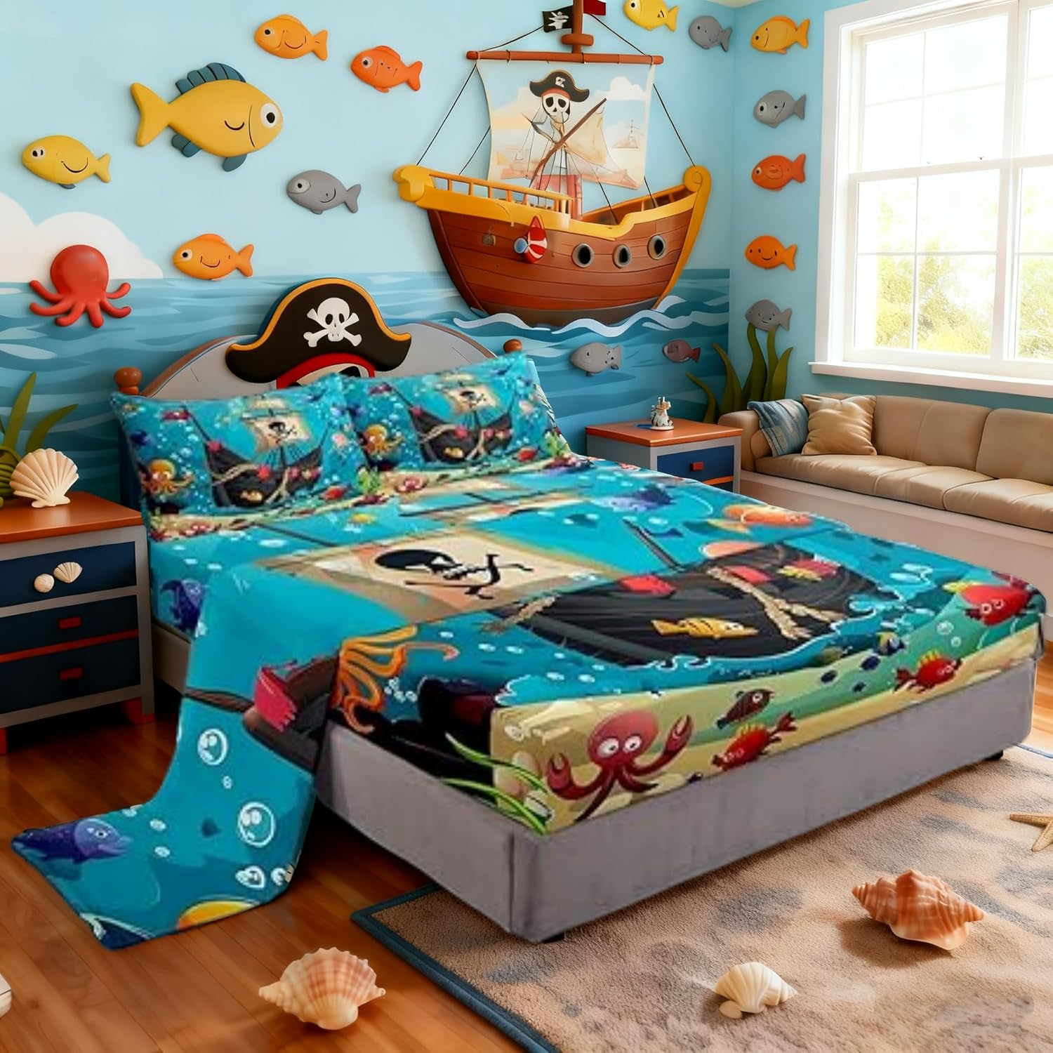 Castle Fairy Cartoon Pirate Ship Sheet Set Queen Size Marine Adventure Bedding Set 4Pcs Underwater Fish Bed Sheet for Kids Girls Boys Teens Cute Octopus Jellyfish Fitted + Flat Sheet,2 Pillowcases