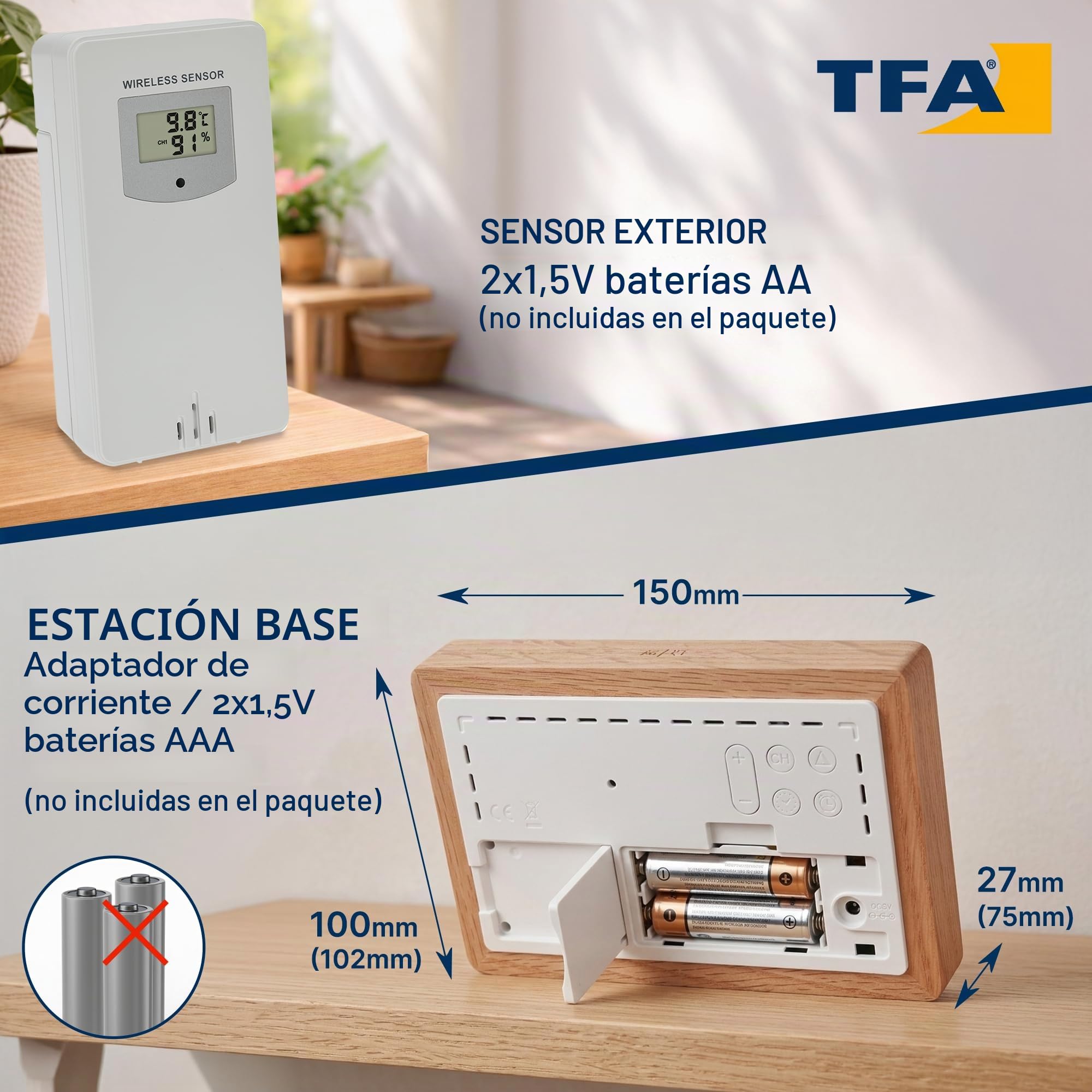 TFA Dostmann Oak 35.1167.54 - Estación meteorológica inalámbrica con sensor exterior y marco de madera, temperatura interior y exterior, ventilación recomendada, intensidad variable, reloj despertador