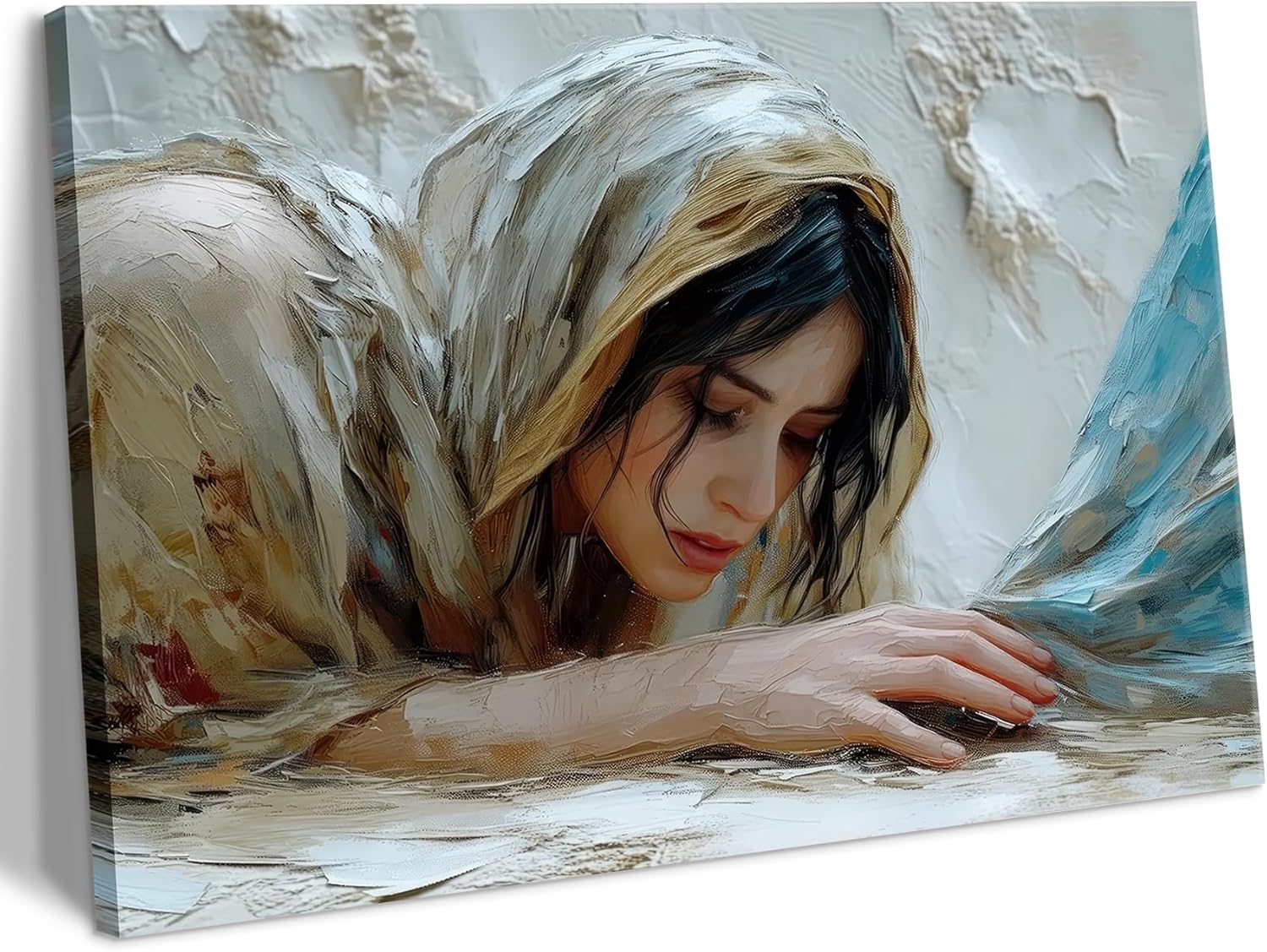 Jesus Heals The Girl Wall Art Woman Touches The Hem Of Jesus'Skirt Wall Decor picture religion Bible Stories Canvas Poster print Artwork for Christian bedroom Living Home Decor 16x24in Wrapped Canvas