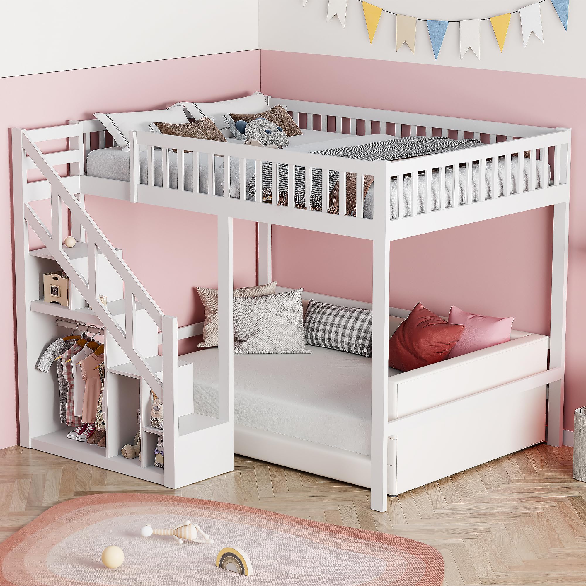 Letto a Soppalco 90x200 per Bambini con Scala Contenitore e Armadio, Letto a Castello in Legno Massello con Protezione Anticaduta, Letto Rialzato Salvaspazio per Cameretta, Bianco