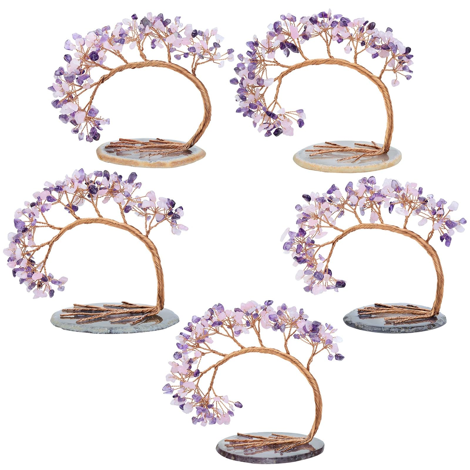 KYEYGWO Amethyst & Rose Quartz Crystal Money Tree FengShui Bonsai Figurines with Agate Slices Base - Image 3