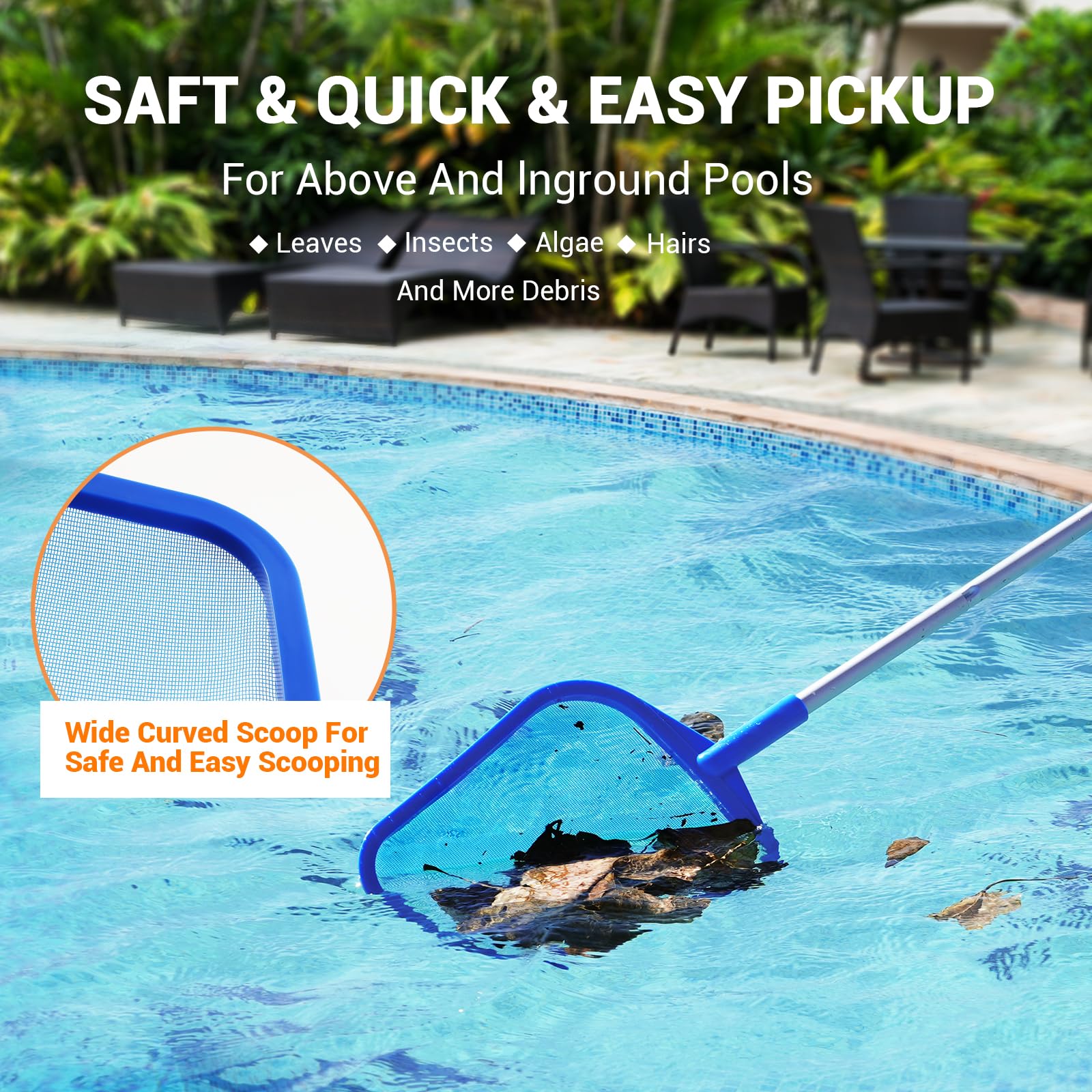 Skimmer de piscina – Red de skimmer de piscina con poste, poste de aluminio telescópico ajustable de 5 secciones, 23 a 60 pulgadas, rastrillo de malla ultrafina, skimmer de hojas de piscina para