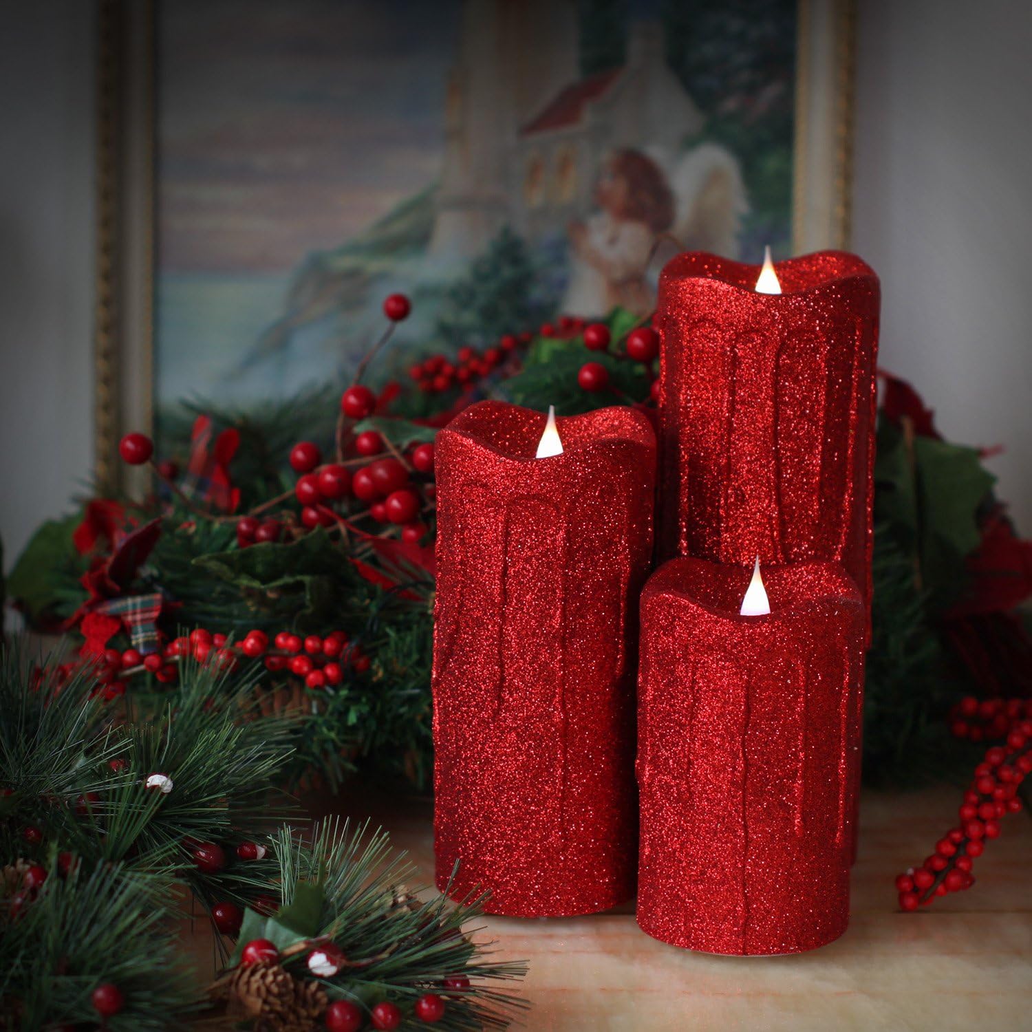 Suреr Sаlе 🛒 3D Flameless Pillar Candles with Remote, Set of 3 LED Candles Battery Included for Christmas Decoration and Gifts, 5,7,9 Inch (Red)