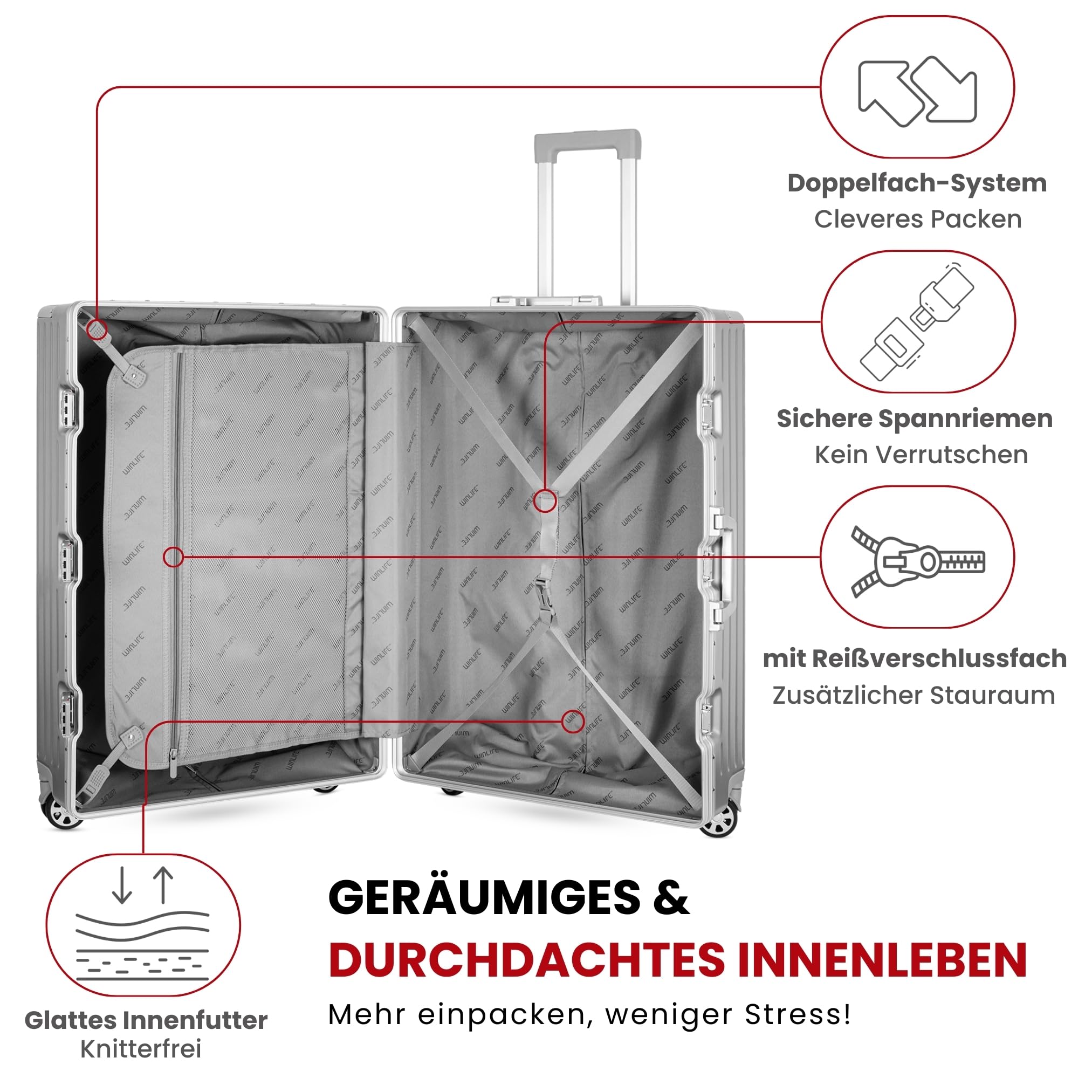 WINLIFE 3in1 M+L+XL Handgepäck(53cm) + Checkin-Trolley(65cm) + XL Koffer(75cm) Reisekoffer Set mit Alu-Rahmen, ABS & TSA Nummern-Schloss | Silber