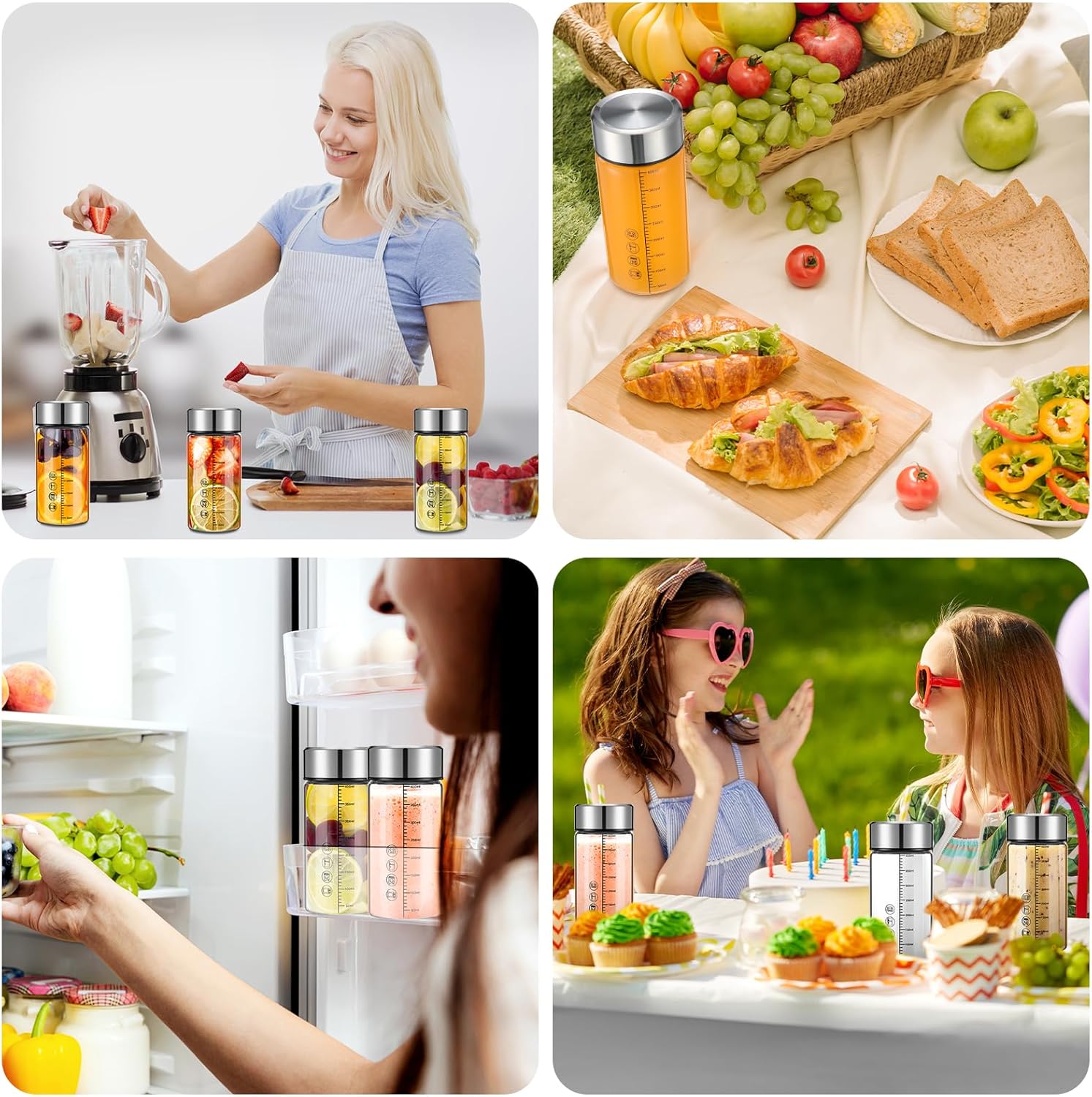 Vesici 6 Pack Wide Mouth Glass Juice Bottles Glass Water Bottles with Lids and Sleeve for Juicing Smoothies Milk Protein Infused Water Reusable Leakproof Borosilicate Bottle(12 oz) - Image 7