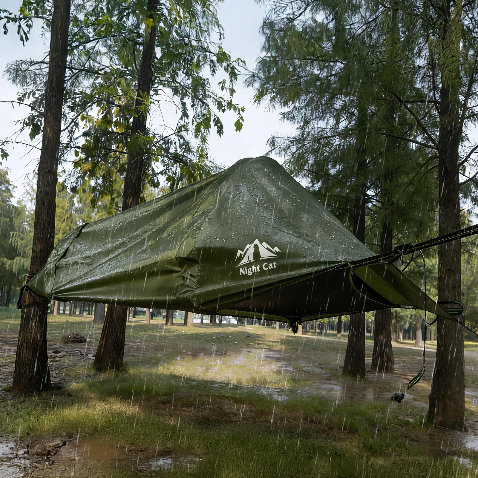 Night Cat Tenda Amaca con Zanzariera: A Forma Triangolare con Fondo Piatto Impermeabile per 1 Posto Verde