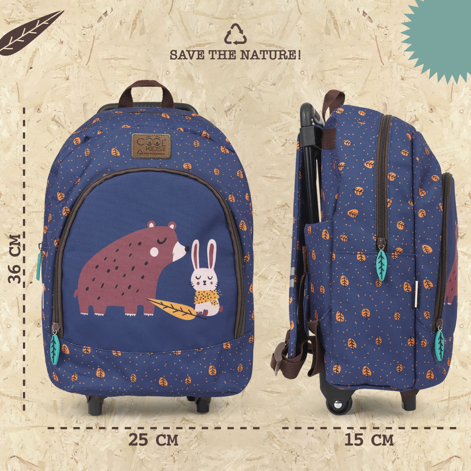 PERLETTI Sac a Dos Enfant Imprimés Animaliers Ecole Maternelle avec Roues - Sac à roulettes Fille Garcon Léger Détails Réfléchissants - Cartable Coloré Haute Qualité pour Voyage - 36x25x15