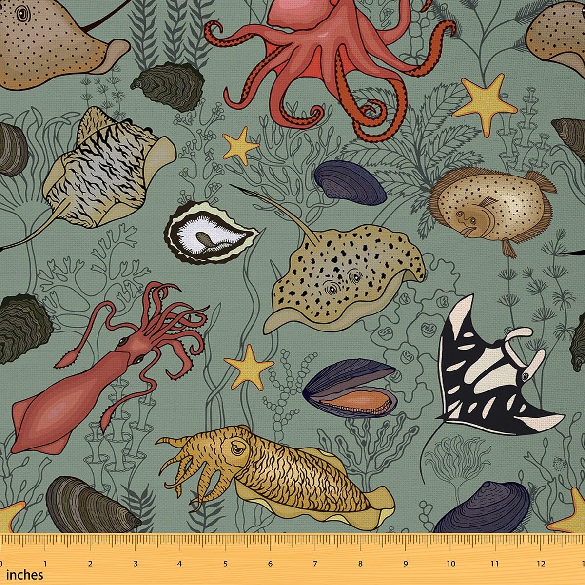 Richhome Multi 05 Cartoon Wild Sealife Fabric By The Yard Cute Shell Octopus Starfish Decor Fabric For Kids Sewing Supplies Watercolor Coastal Creature Ocean Themed Fabric For Curtain And Home Diy Projects 2 Yards
