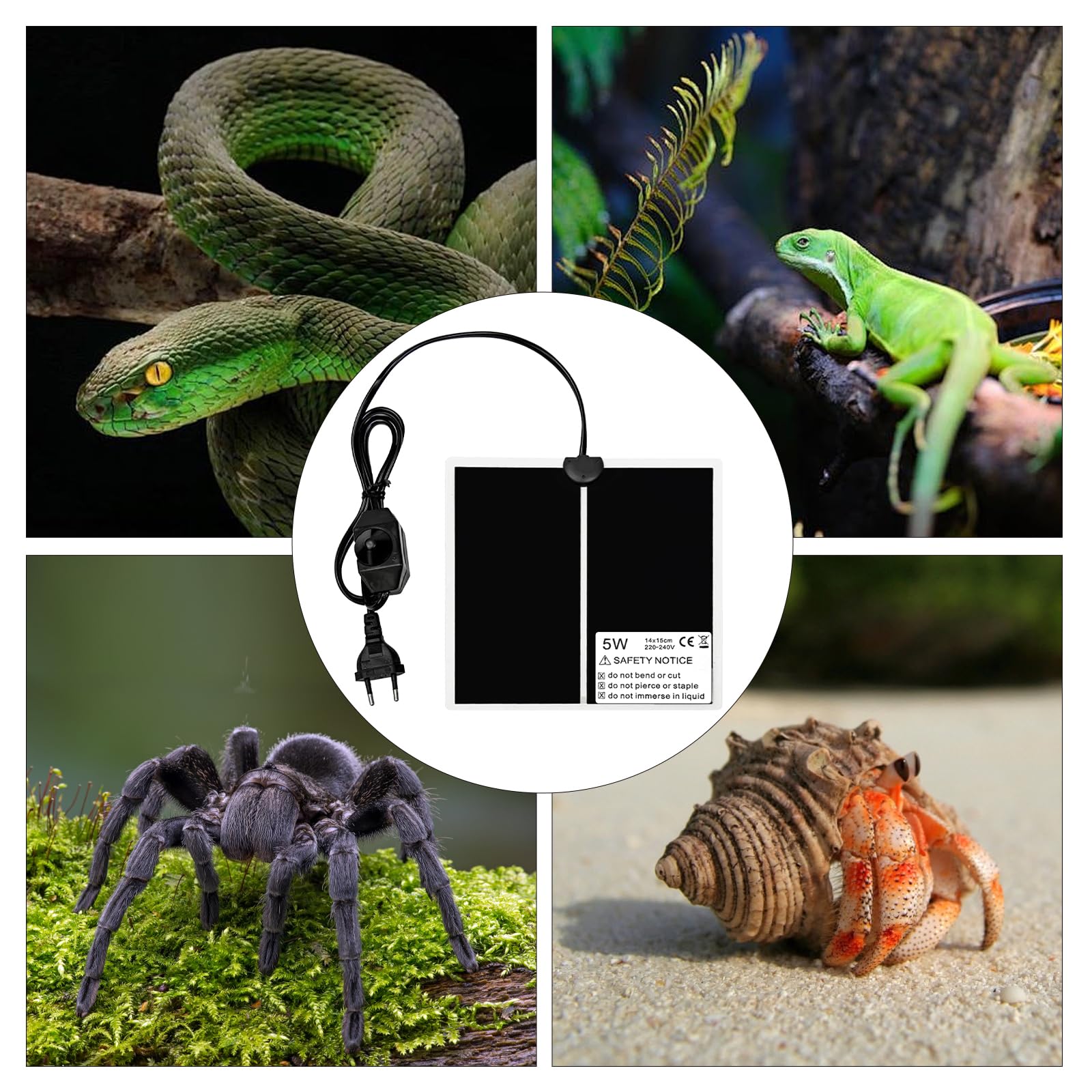 VOSSOT Mata grzewcza do terrarium, mata grzewcza z regulacją temperatury, dla gadów, żółwi, węży, jaszczurki, gekonów, pustelników, płazów, wodoszczelna, 5 W: 15 x 14 cm, czarna