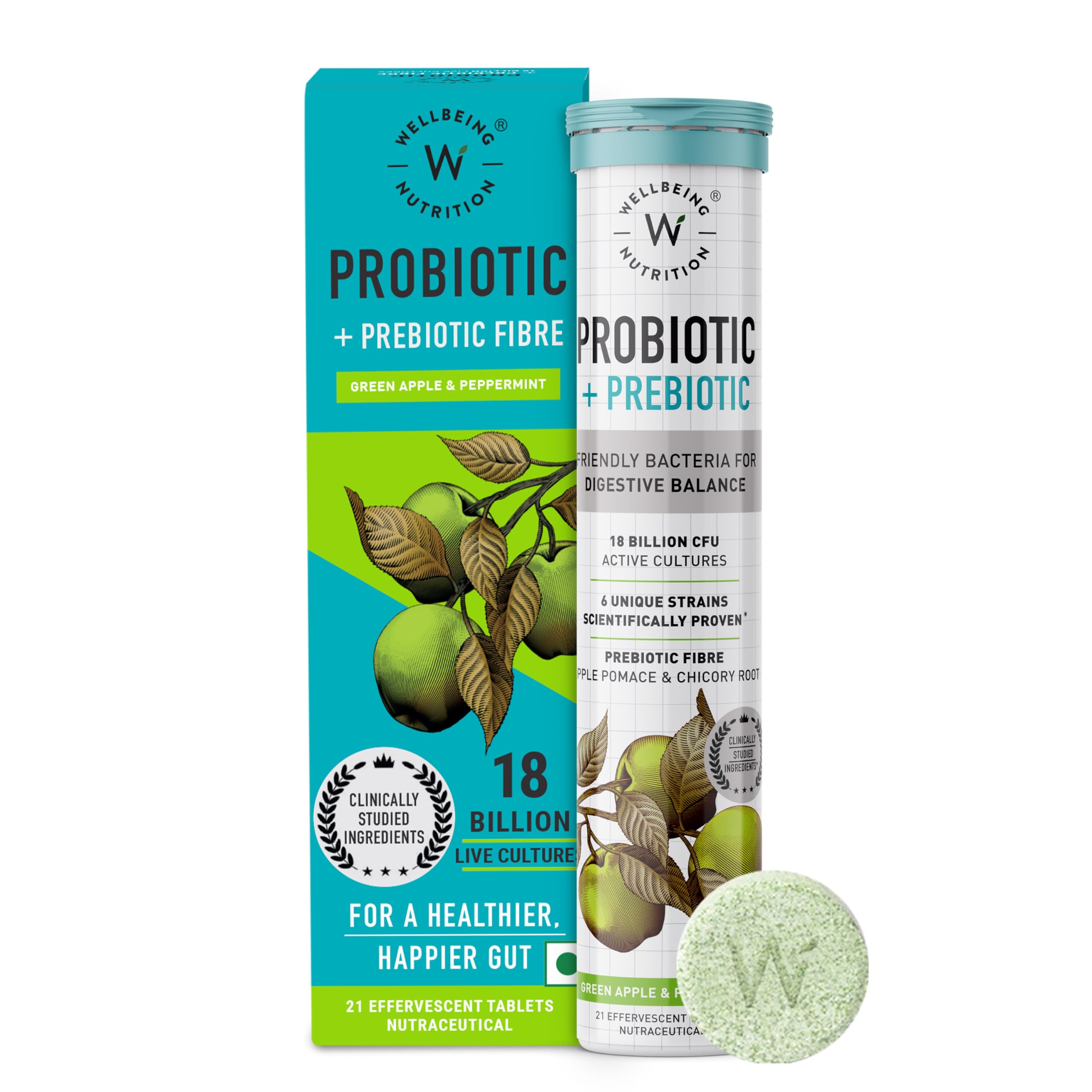 Wellbeing Nutrition Daily Probiotics + Prebiotics, Gut Health Supplement 18 Billion CFU with Organic Chicory Root | For Indigestion, Constipation, Gas, Bloating, IBS & Immunity, 21 Effervescent Tabs