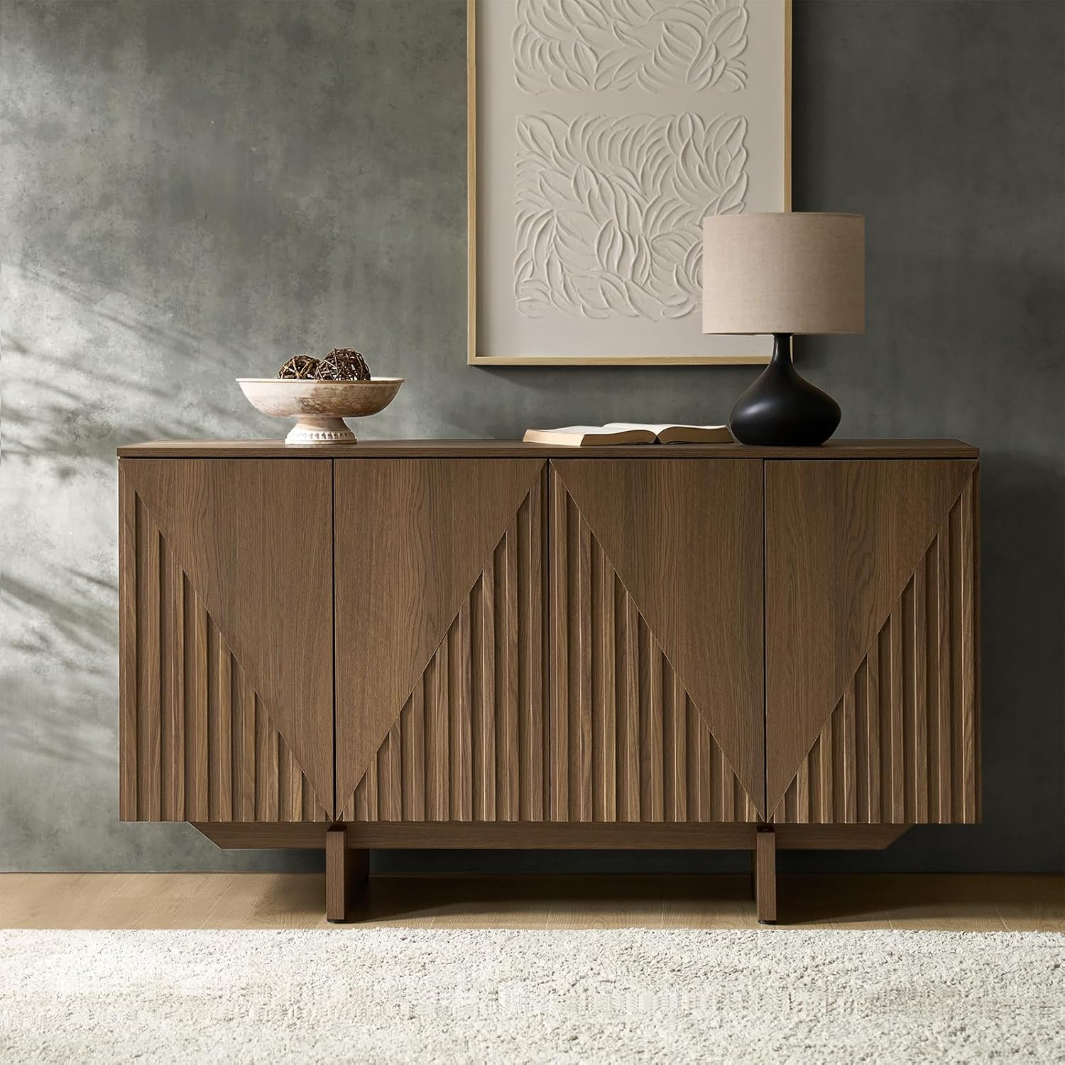 HULALA HOME Mid Century Modern Solid Wood Sideboard with Triangle, 4 Door Fluted Buffet Cabinet with Storage, 58" Sideboard Cabinet with Adjustable Shelves, Black