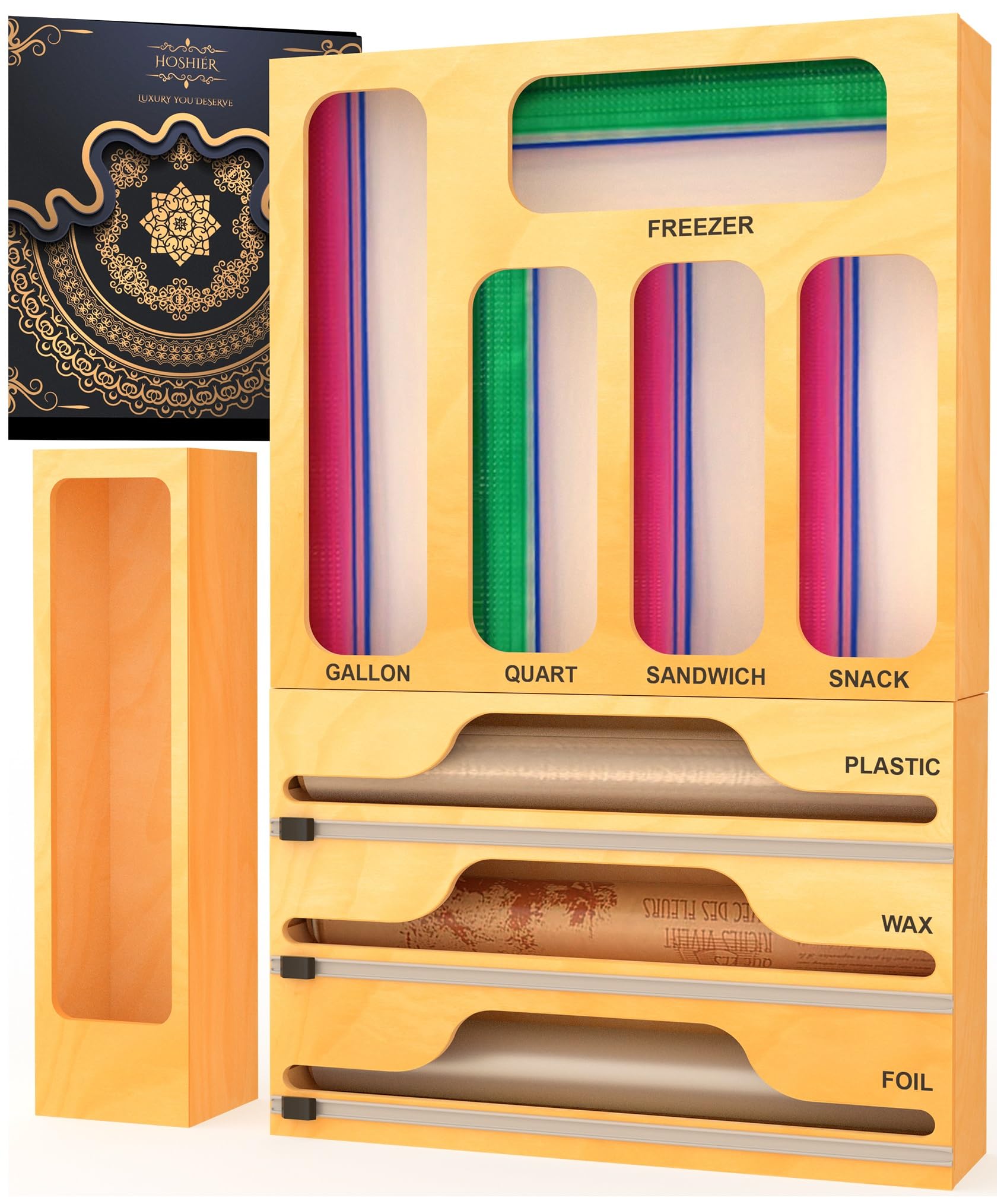 Hoshier 9 in 1 Bundle Wooden Ziplock Bag Organizer with Wrap Organizer For Kitchen Drawer