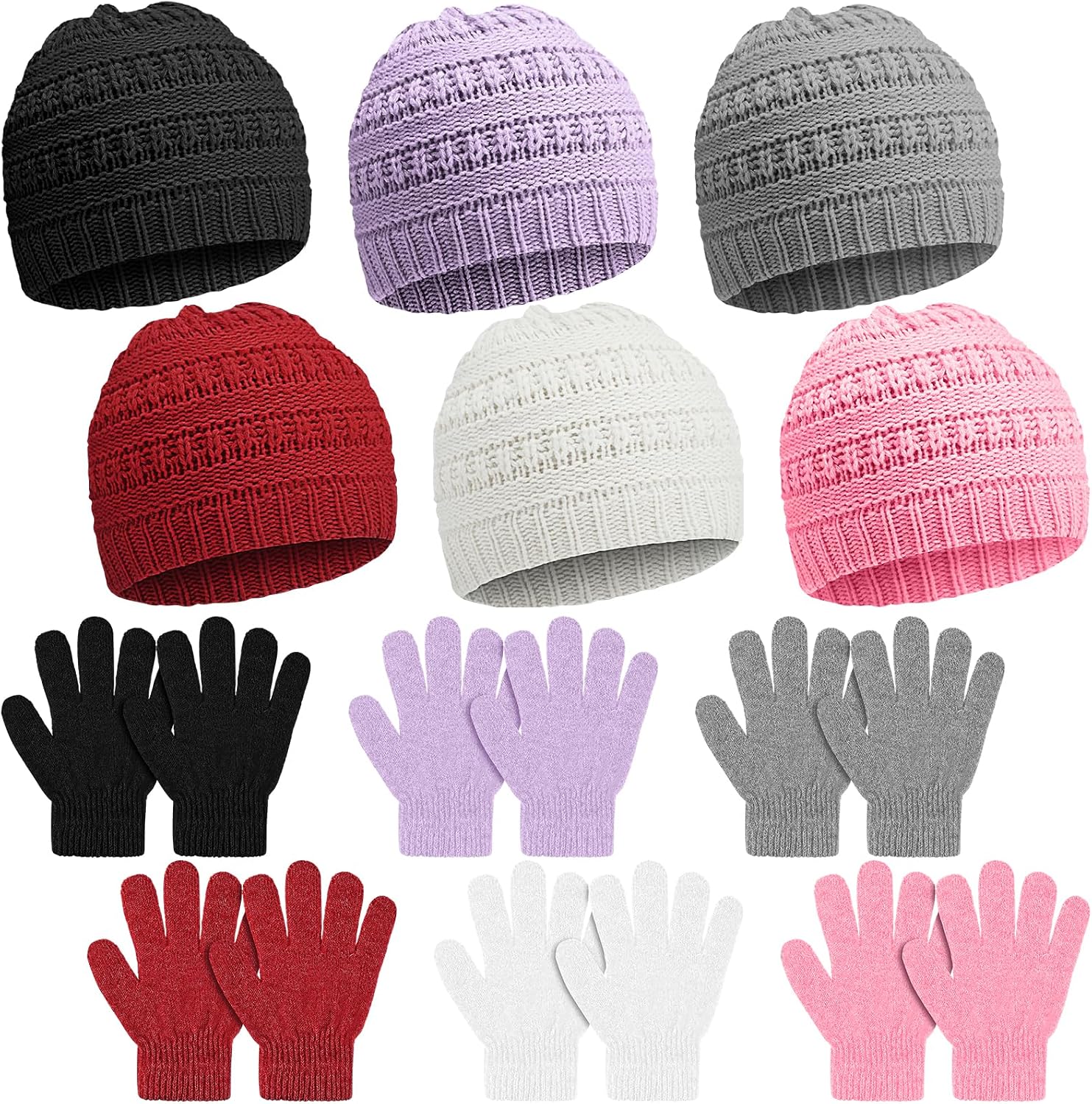Suhine 12 Pcs Kids Knit Beanies Hats Gloves Winter Set for 5-10 Unisex Warm Cold Weather Full Fingers Gloves for Boys Girls