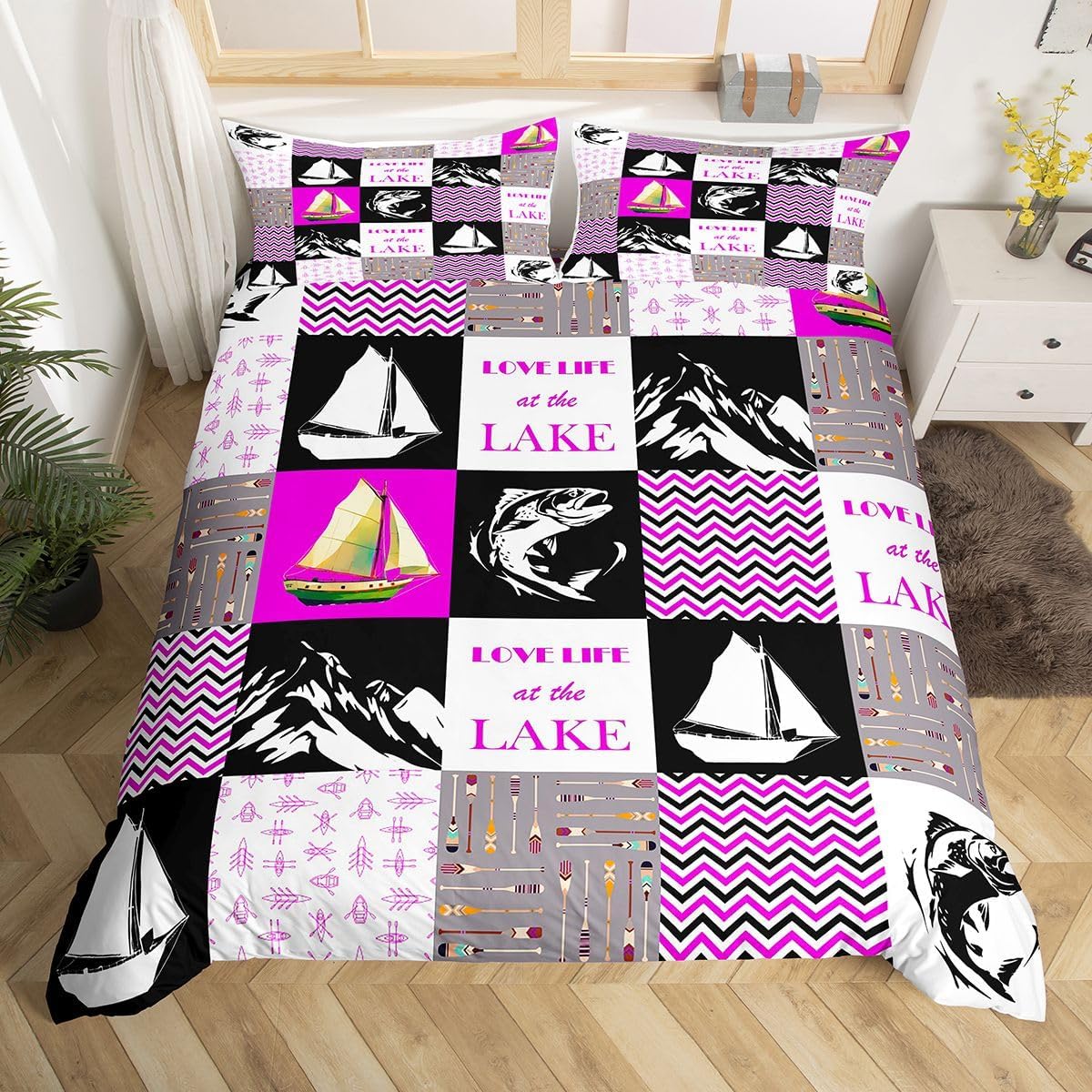 Lake House Duvet Cover For Boys, Rustic Retro Sailboat Comforter Cover Hunting Fishing Bedding Set Full Size For Kids Teens Adult, Geometric Plaid Patchwork Bed Cover With 2 Pillow Cases, Purple
