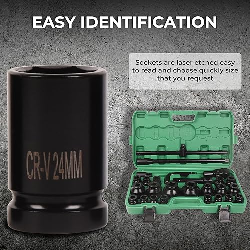 Miniatura 4 de VICBAS Juego de llaves de vaso de 34 pulgadas y 1 pulgada, 26 piezas de tamaño métrico (0.827-2.559 in), juegos de llaves de impacto jumbo, 6