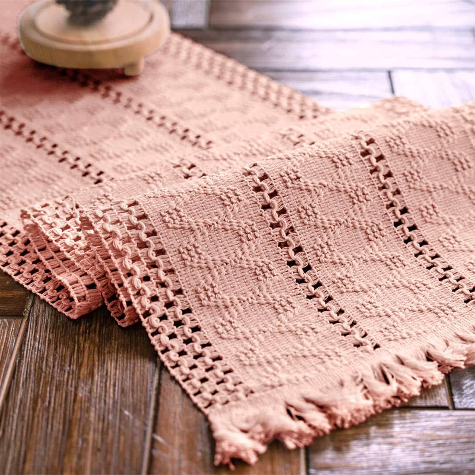 Weldomcor Makramee Tischläufer Rosa Boho Tischläufer mit Quasten Handgewebter Baumwolltischbezug Rustikale Bauernhaus Tischdekoration für Böhmische Küche Esstisch 30 x 180 cm