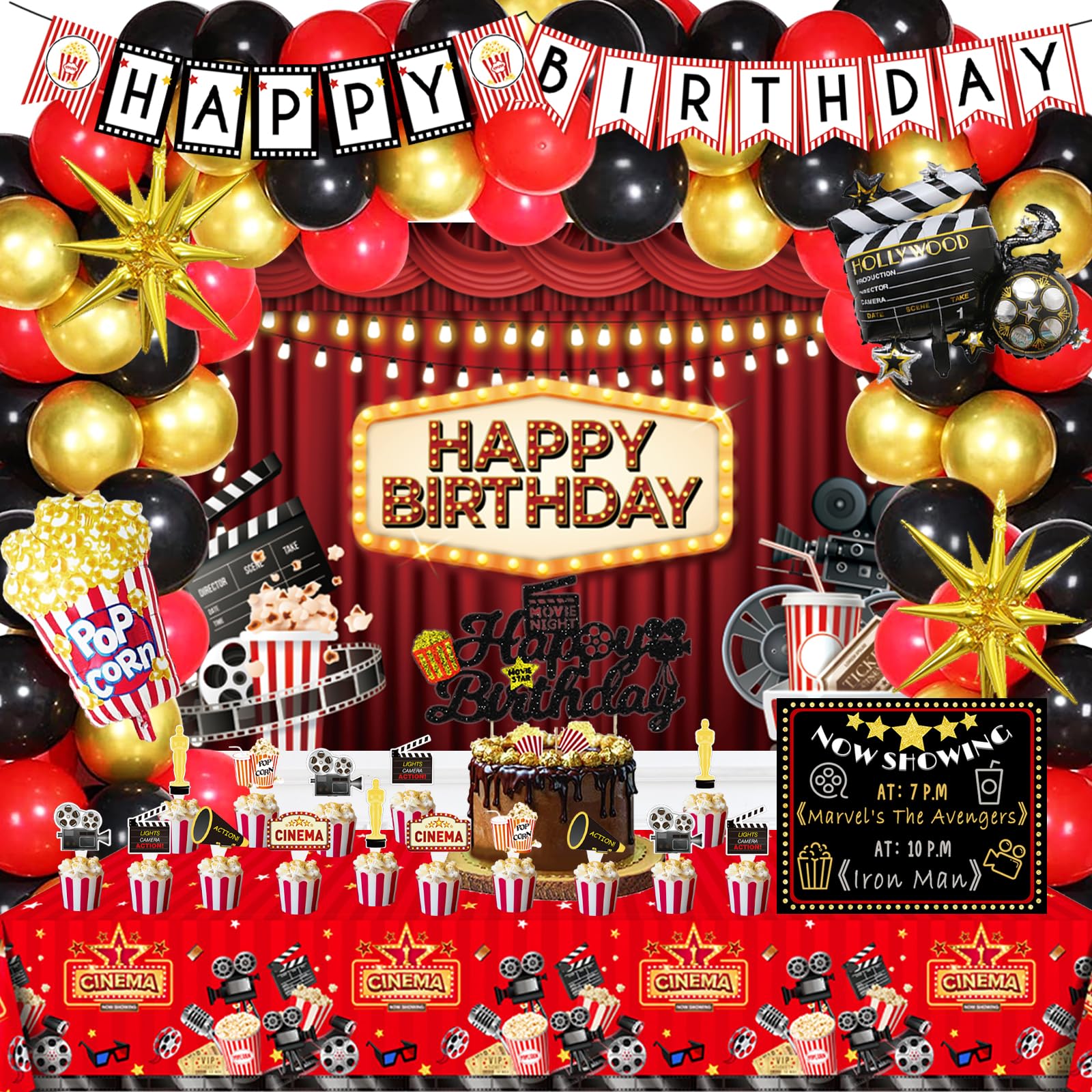 Movie Night Birthday Party Decorations, Movie Theater Hollywood Cinema Themed Birthday Party Backdrop Balloon Garland Banner Tablecloth Cake Cupcake Topper Poster Clapboard