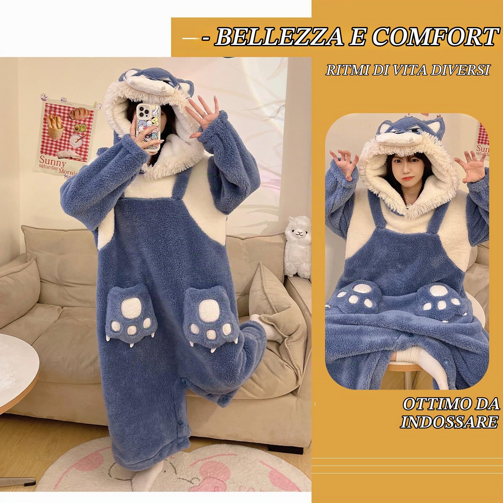 HULG Pigiama Stitch Donna,Costume Halloween Donna,Pigiama Intero Animali,Pigiama Invernale in Flanella, Morbido E Caldo, Ideale Costume Carnevale (XL)