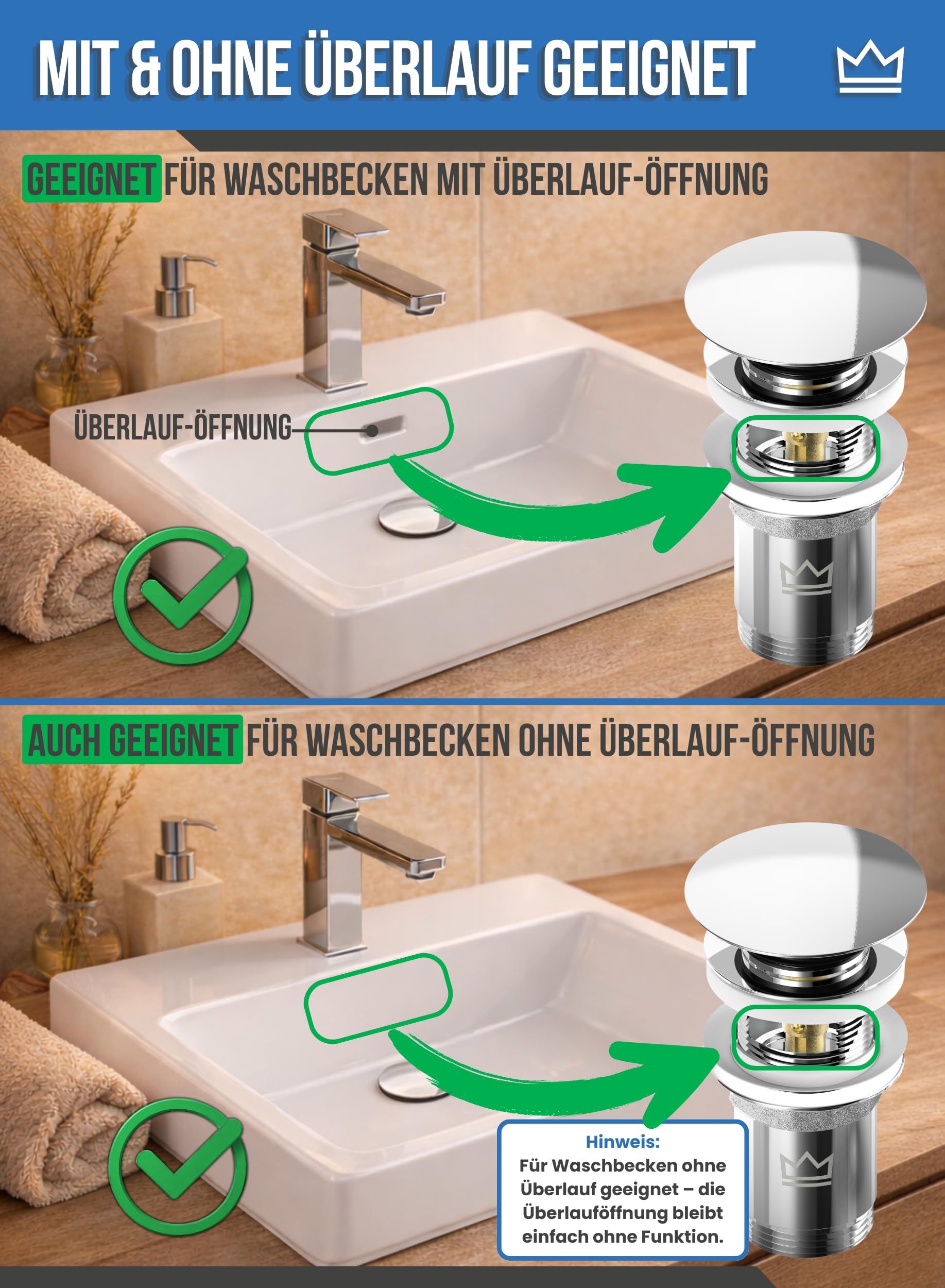 FEINER Juego de 2 desagües universales para Lavabo, Apto para lavabos y lavabos con rebosadero, estándar de 1 ¼ Pulgadas, tapón extraíble con atrapasueños, Juntas de Repuesto e Instrucciones de