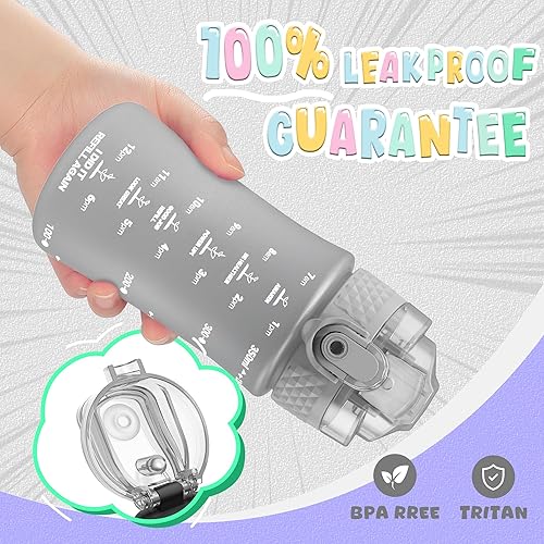 Miniatura 8 de Botella de agua de 12oz para niñosniñas pequeños, sin BPA, con marcador de tiempo que motiva a beber, 2 tapas de popoteboquilla, abre con un solo