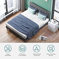 Vista 3 de BALUS Full Size Flat Bed Frame, Linen Fabric Upholstered Headboard with Button Tufted for Bedroom, Apartment, Modern Design, No Box Spring Needed