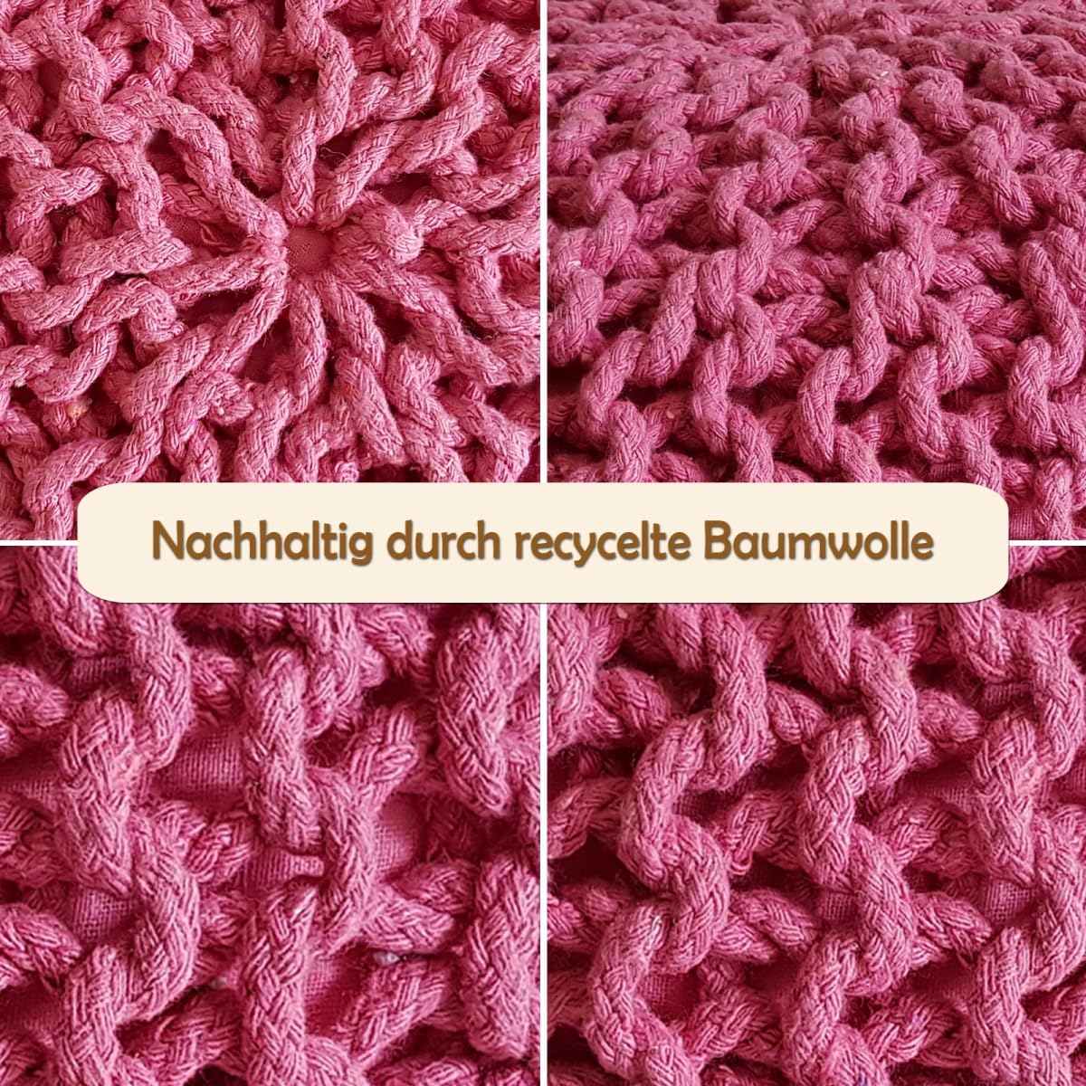 Strickhocker XXL Pouf Ø55 H37cm Bodenkissen Sitzpouf Baumwolle nachhaltig Farbe pink