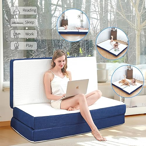Miniatura 5 de Colchón plegable de tamaño matrimonial, 6 pulgadas de espuma viscoelástica triple, portátil, con funda transpirable y lavable, cama de invitados