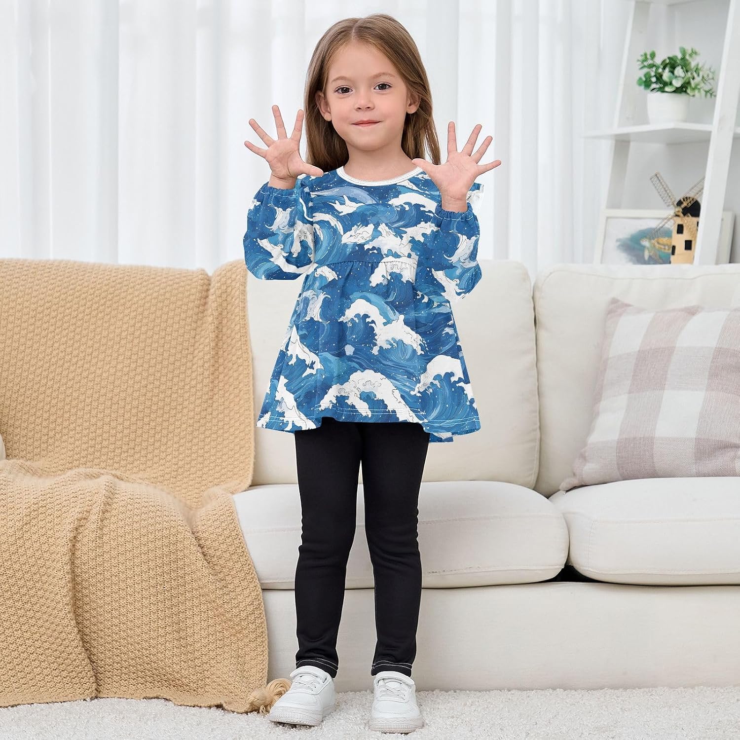 visesunny Toddler Clothes for Girls Hawaiian Summer Wave Foam Long Sleeve Fall Shirts Cotton Top with Ruffle Collar
