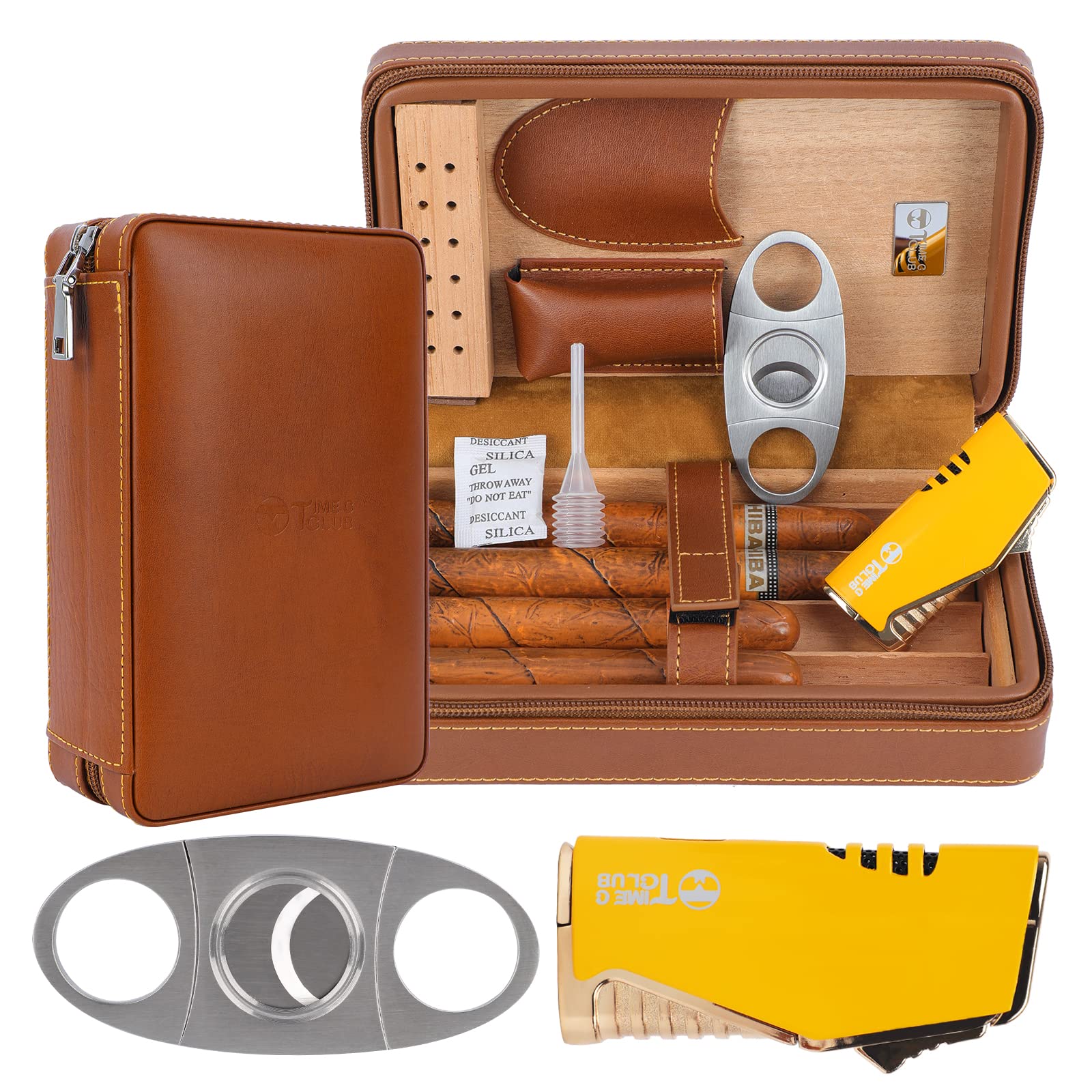 Etui de voyage portable pour 4 cigares, Coupe-cigare, Briquet ，Humidificateurpour cigares avec Coupe-cigare et Humidificateur, Cadeau pour lesPetits Amis, Cadeaud'anniversaire