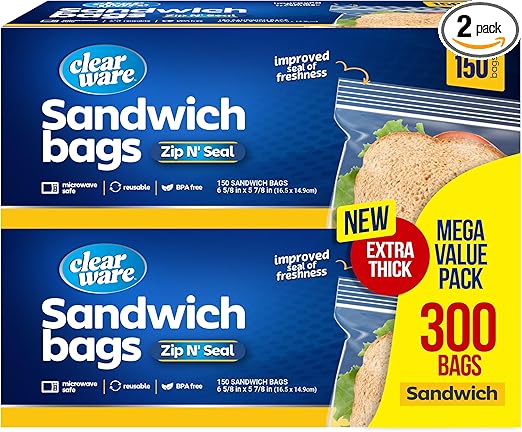 Sandwich Bags Zipper Top- 300 Count, Resealable Plastic Food Storage Bags For Lunch, Snacks - Reusable Zipper Lock Containers for Fruit, Veggies - Freezer & Microwave-Safe, Strong Seal - 2 Boxes