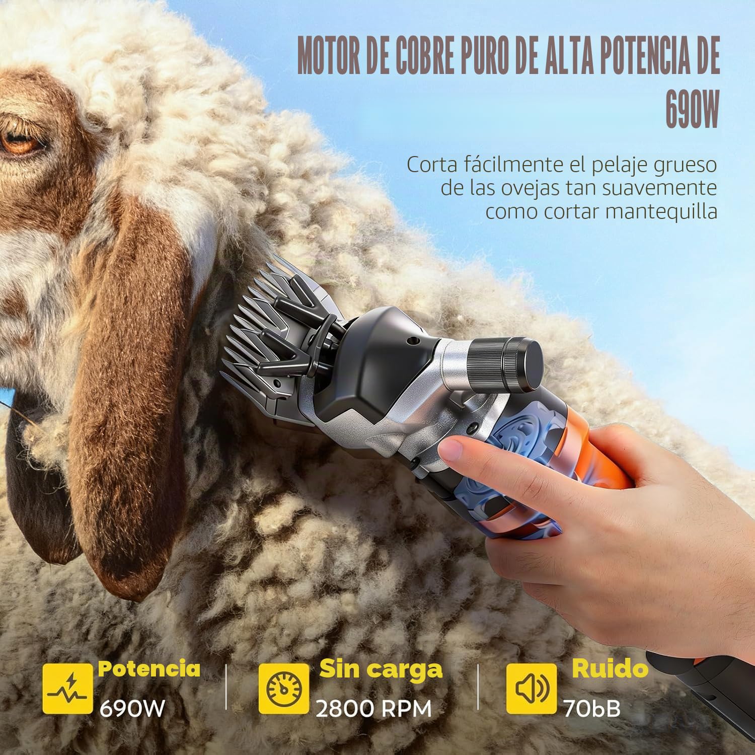 CGOLDENWALL Esquiladora para Oveja Profesional 690W 2400RPM, Ajuste de 6 Velocidades, con Cable de Alimentación de 5 Metros, para Ovejas Alpacas Cabras - Aceite Lubricante Incluido
