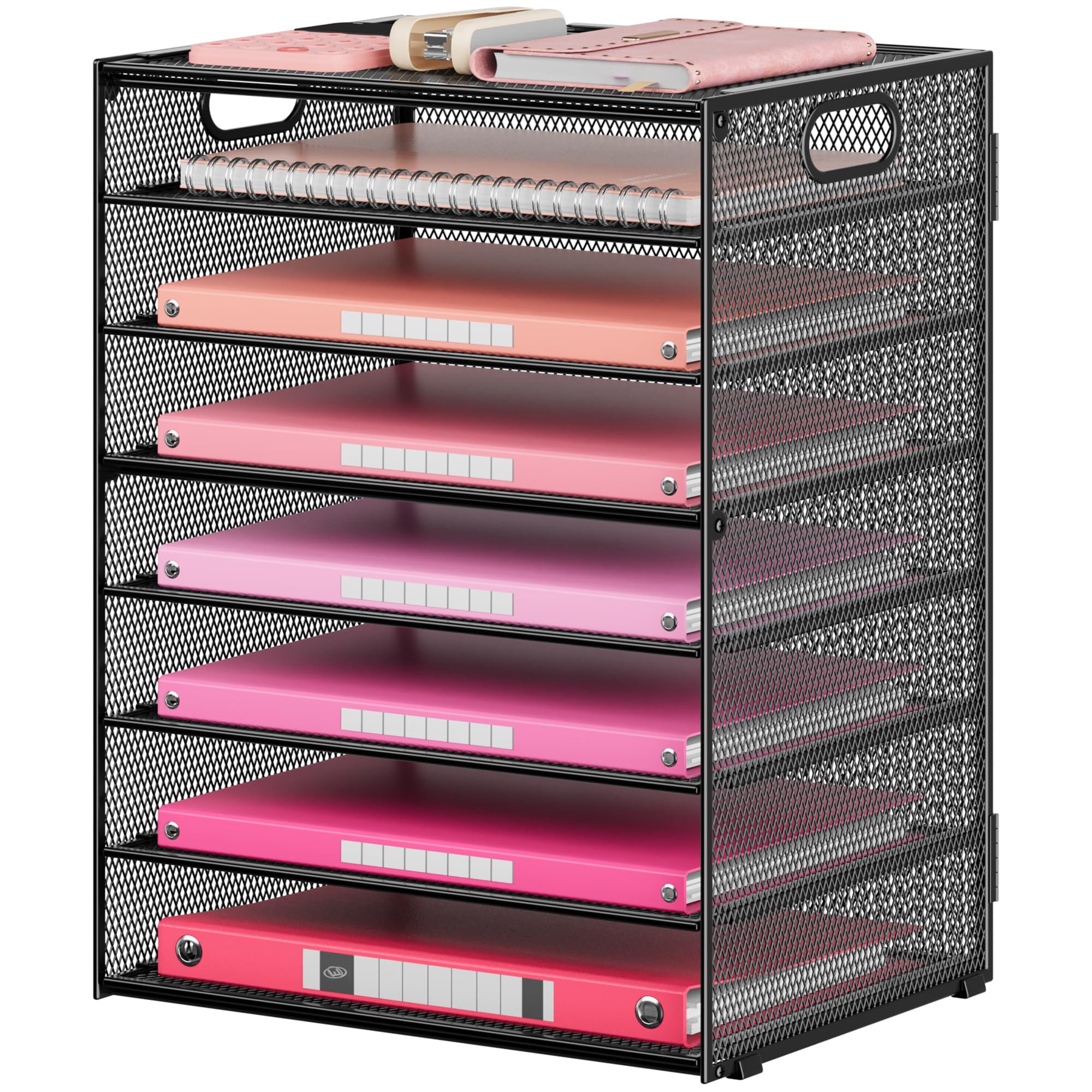 Lavatino 8 Tier Paper Organizer for Desk, Black Mesh Letter Tray File Sorter Organizers with Handles, Including 5 Adjustable Slid Trays for Office