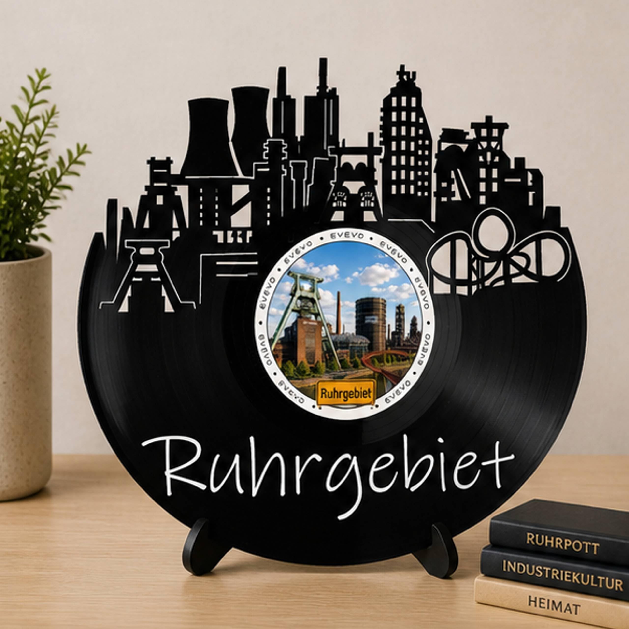 EVEVO Decorazione da parete a forma di disco Ruhrgebiet, decorazione da parete in vinile, motivo skyline di Ruhrpott, regalo per gli appassionati di carbone e acciaio, cultura industriale per amanti