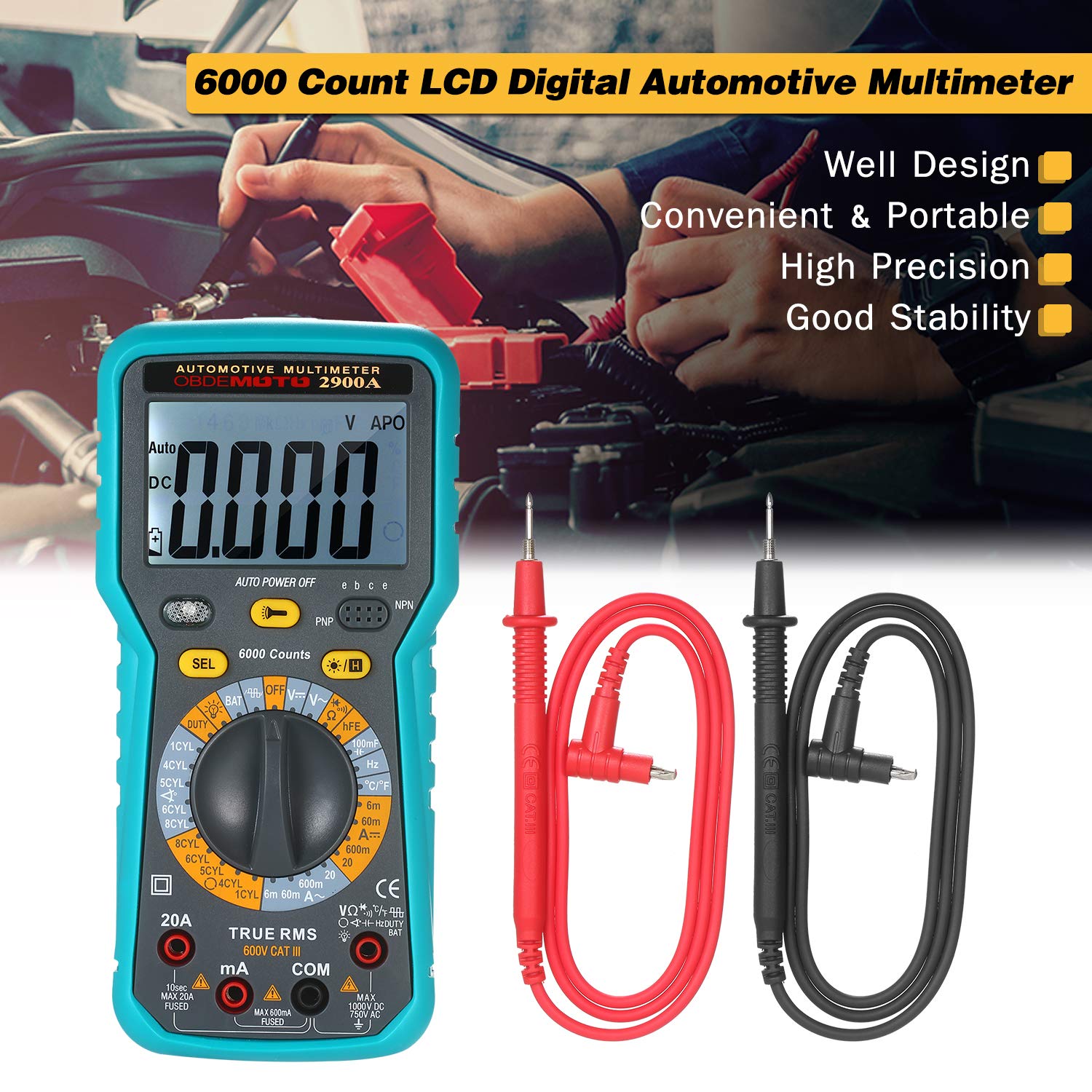 Multimètre numérique LCD 6000 points True RMS Testeur universel avec lampe de poche