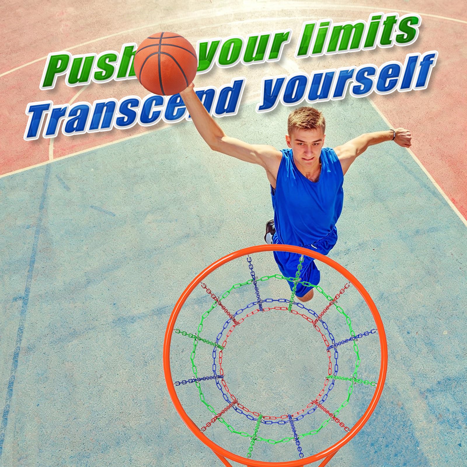 Insaga Ketten-Basketballnetz Heavy Duty – 19-Zoll-Metallkettennetz im Kaskaden-Design als Ersatz für Basketballkörbe, 12-Schlaufen-Kettennetz aus rostfreiem, grün, rot und blau