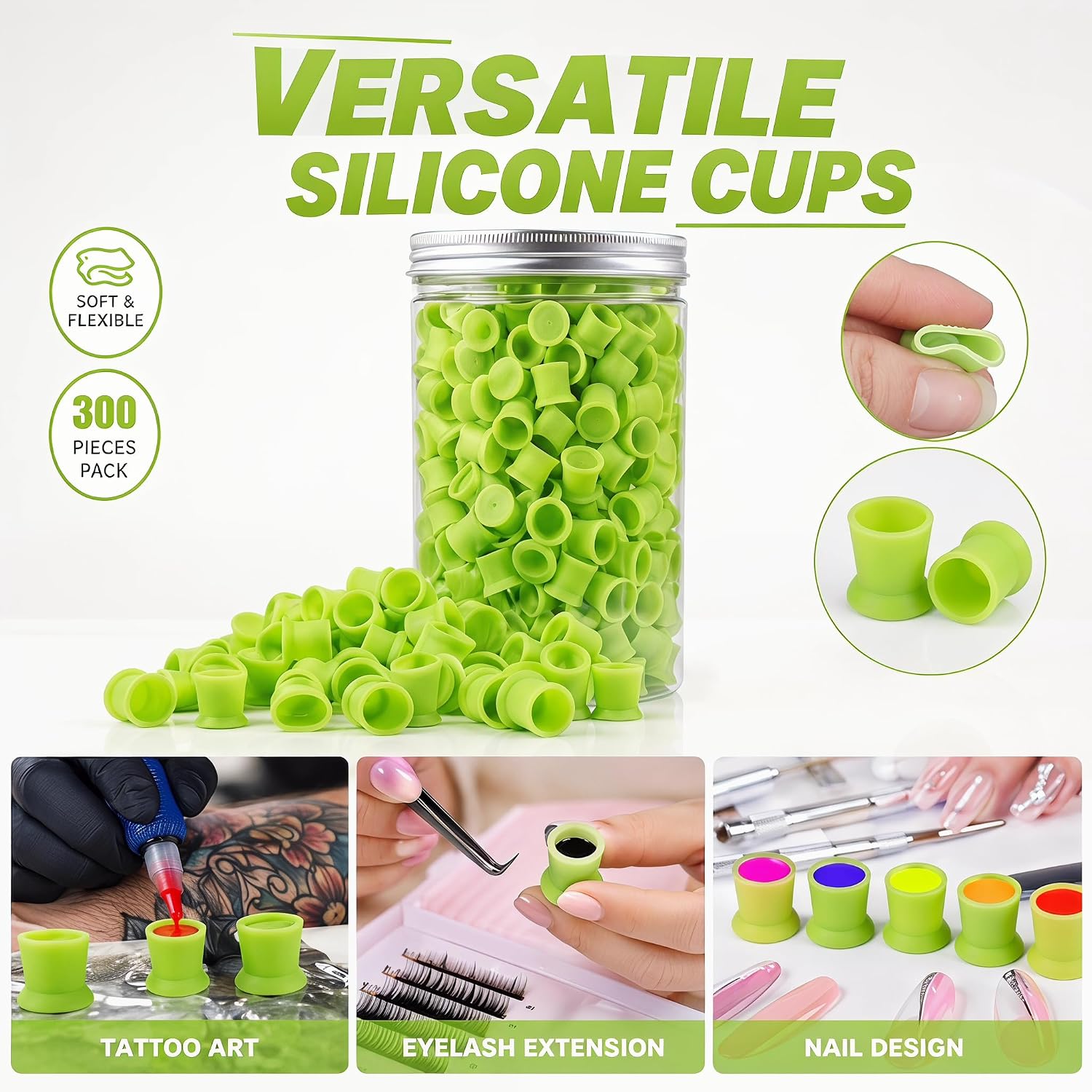300-Pack Disposable Silicone Tattoo Ink Cups - Professional Tattoo Supplies for Eyebrow, Eyeliner, Lip Color Pigments - Easy-to-Use