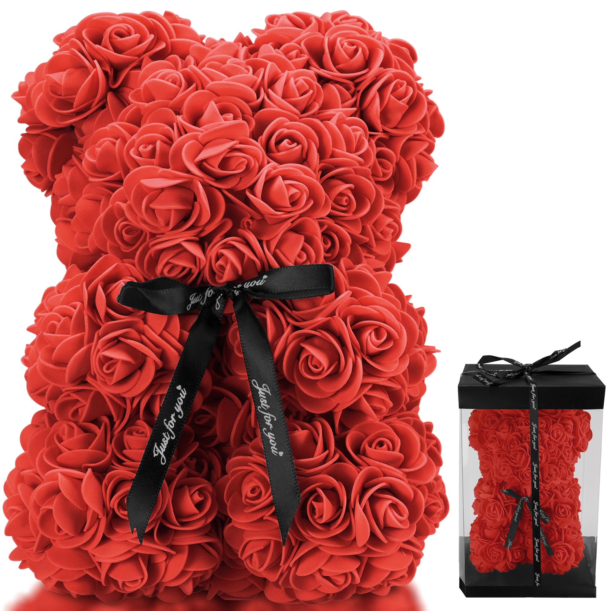 25cm Rose Bear with Transparent Gift Box & Black Ribbon, Rose Petals Teddy Bear Presents for Women, Artificial Flowers Rose Bear Valentines Gifts for Her, for Girlfriend (Red)