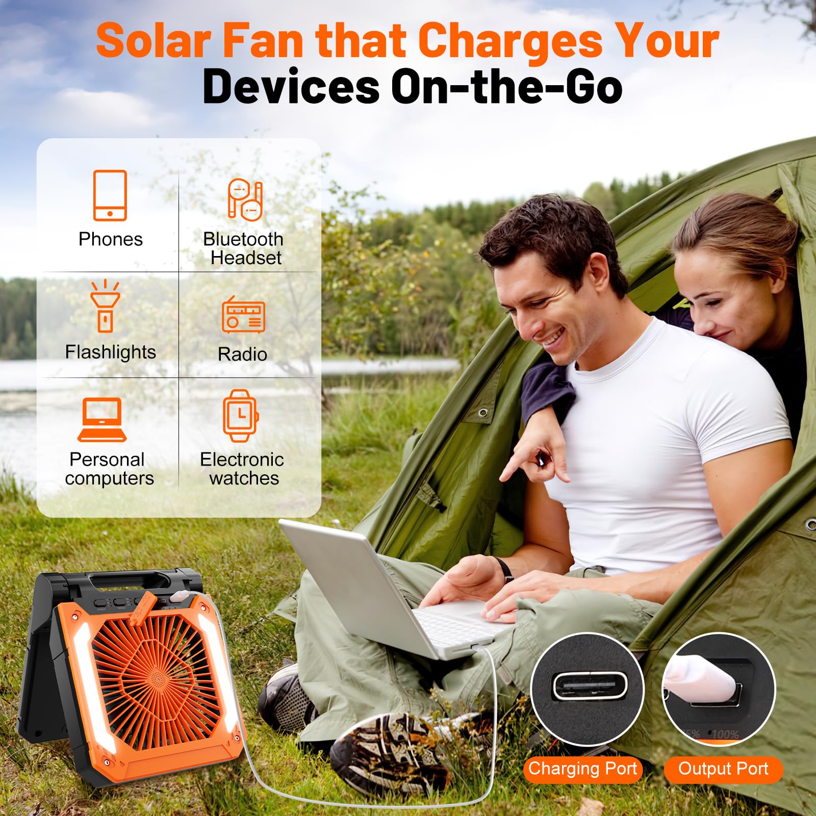 Ventilatore da Campeggio 20000mAh, Portatile Ricaricabile con Pannello Solare, Lampada LED 20 Luci, Power Bank, Gancio Girevole e Diffusore Aromi per Tenda, Viaggio, Emergenza