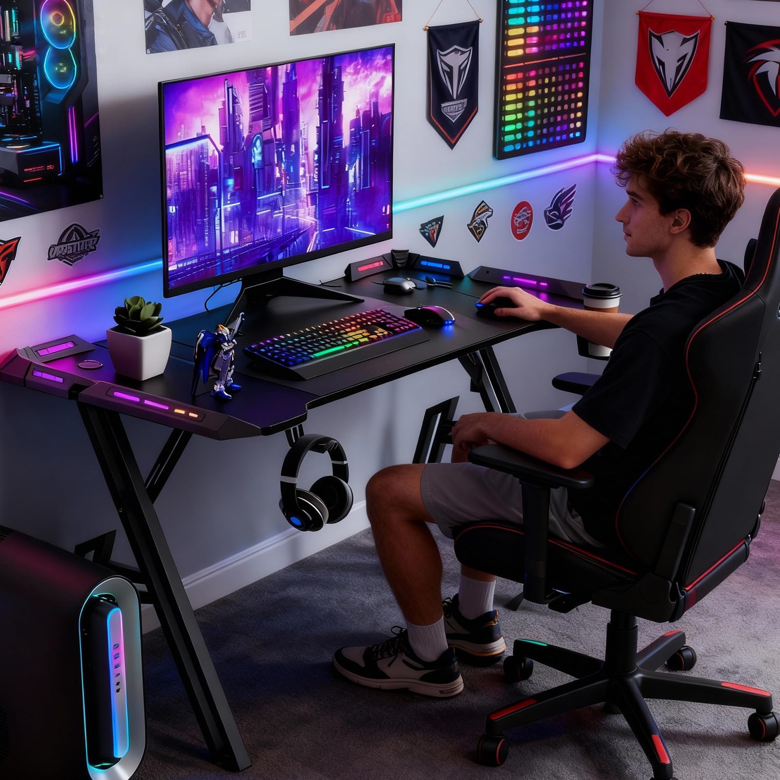 Gaming Tisch 160x60 CM, Gaming Schreibtisch mit LED Beleuchtung, Kohlefaseroberfläche, Getränkehalter, Kopfhörerhalter, Computertisch Ergonomisch, PC Tisch, Gamingtisch für Gaming, Streaming