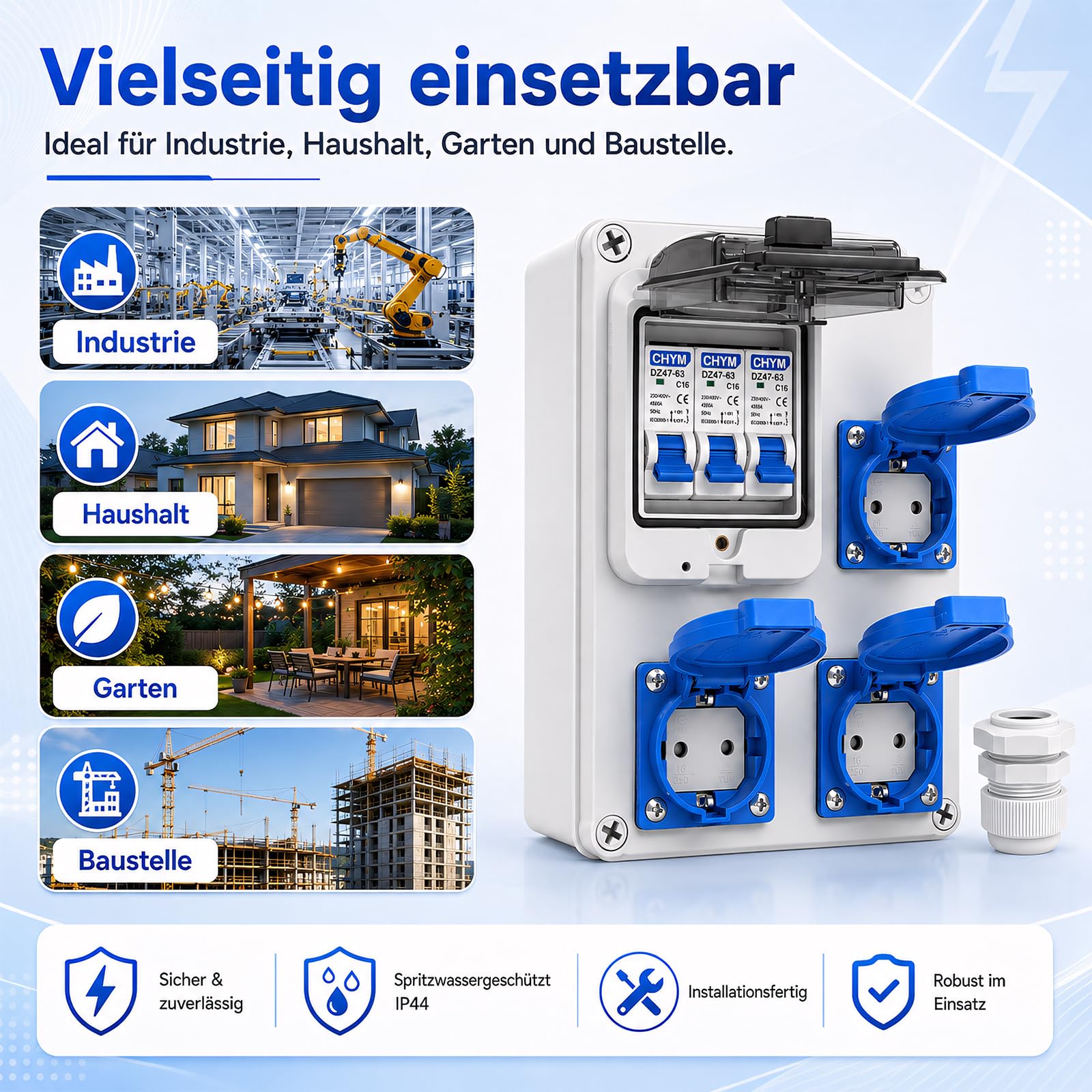 Baustromverteiler Vorverkabelt, 3x 230V/16A Schuko Steckdosen und 3xC16 LS-Schalter, Wandverteiler Stromverteiler IP67 Wasserdicht Gehäuse, Wetterfest Innen Außen Baustelle Werkstatt Außenbereich