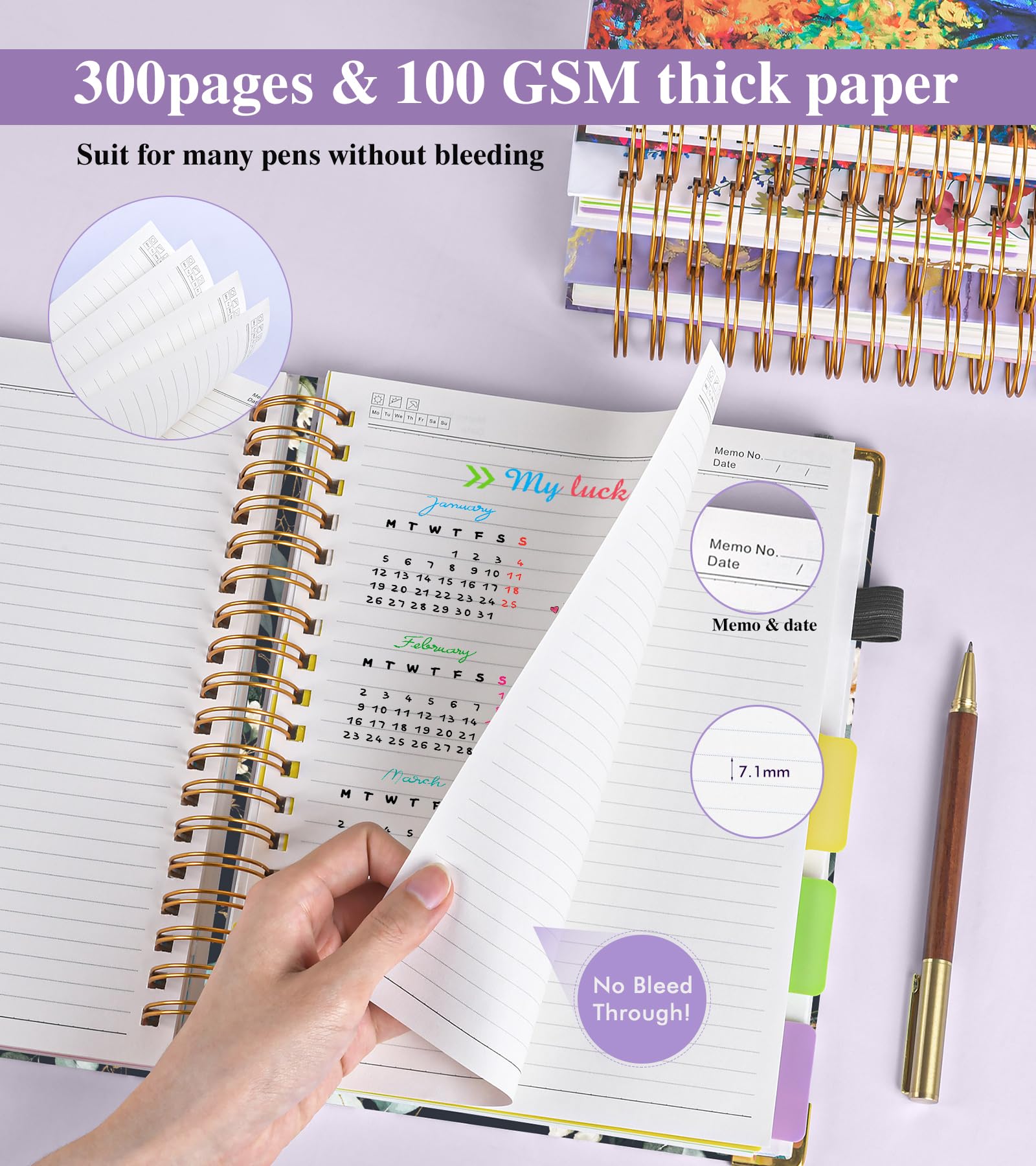 Hardcover Spiral Notebooks for Work，300 Pages 5 Subject Notebook College Ruled with Dividers Tabs，8"x10" Aesthetic Lined Spiral Journal for Women，100GSM Large Cute Notebook for school,GreenEucalyptus