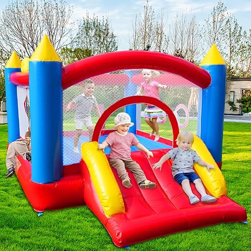 Heavy Duty Bounce House, Holds Up to 400 lbs Thick PVC Jumping Castle for Indoor and Outdoor, Commercial Bouncer with Slide, 2 Doors, Basketball Hoop, Toss Game & Soccer Goal