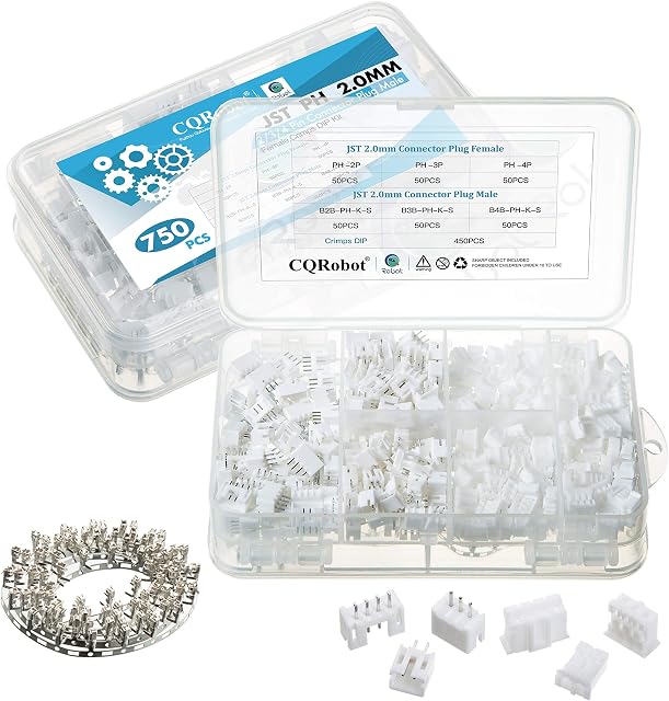 CQRobot 150 Sets / 750 Pieces JST PH 2.0 mm Pitch 2/3/4-Pin JST Connector Kit. Pin Header with 2.0 mm Pitch, JST PH 2/3/4-Pin Housing JST Adapter Cable Connector Socket Male and Female, Crimp DIP Kit.