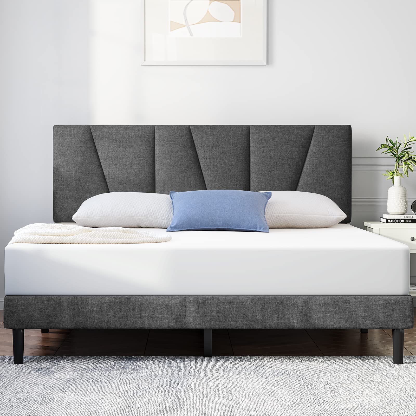 Incomplete - Molblly Queen Bed Frame with Tufted Headboard,Upholstered Platform Bed with Headboard and Strong Wooden Slats,No Box Spring Needed,Easy Assembly,Dark Gray
