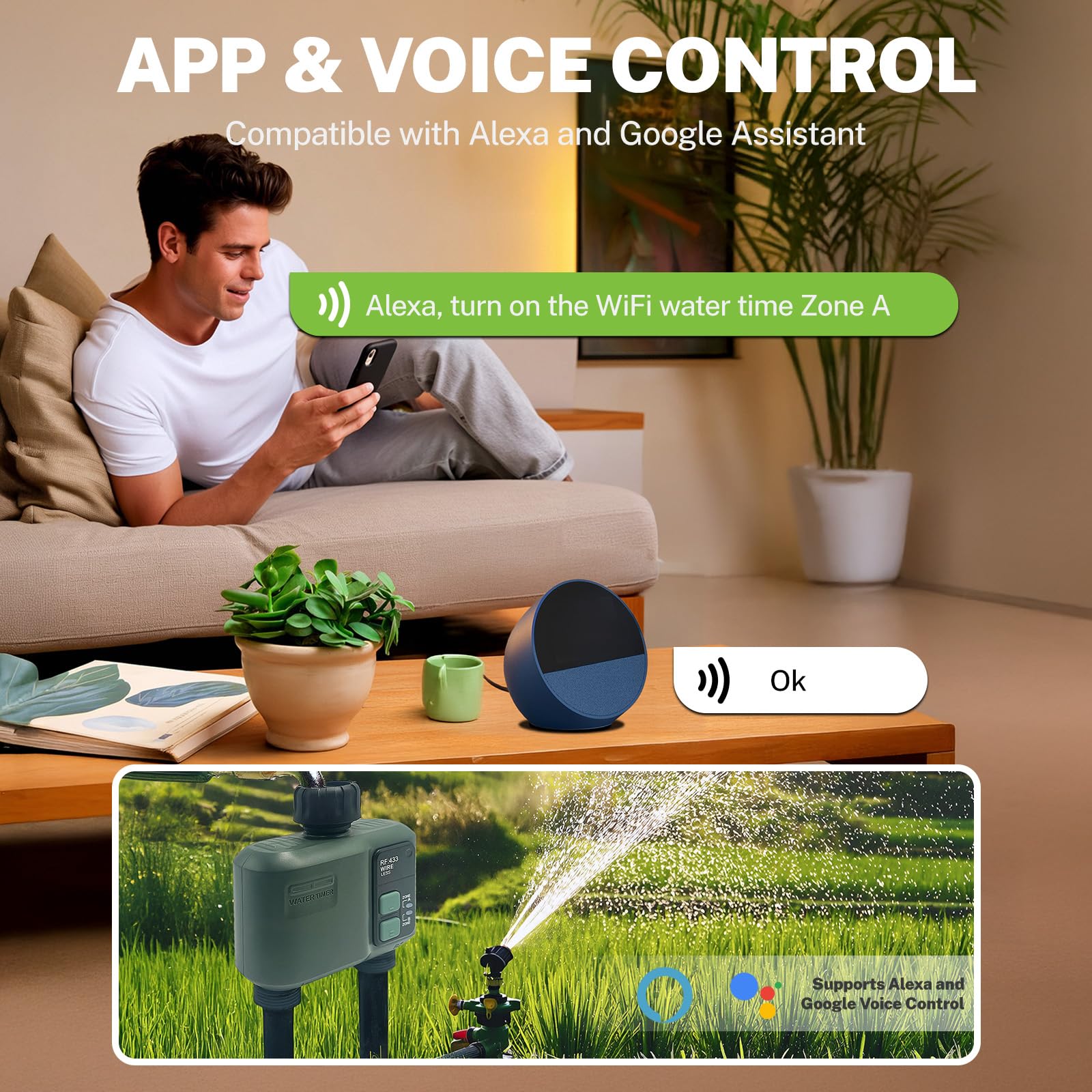 Centralina Irrigazione WiFi 2 uscite, tecnologia RF 433 da 500M Computer Giardino Timer Irrigazione,Timer Acqua Giardino Programmabile con Ritardo Pioggia, Modalità di Irrigazione Automatica e Manuale