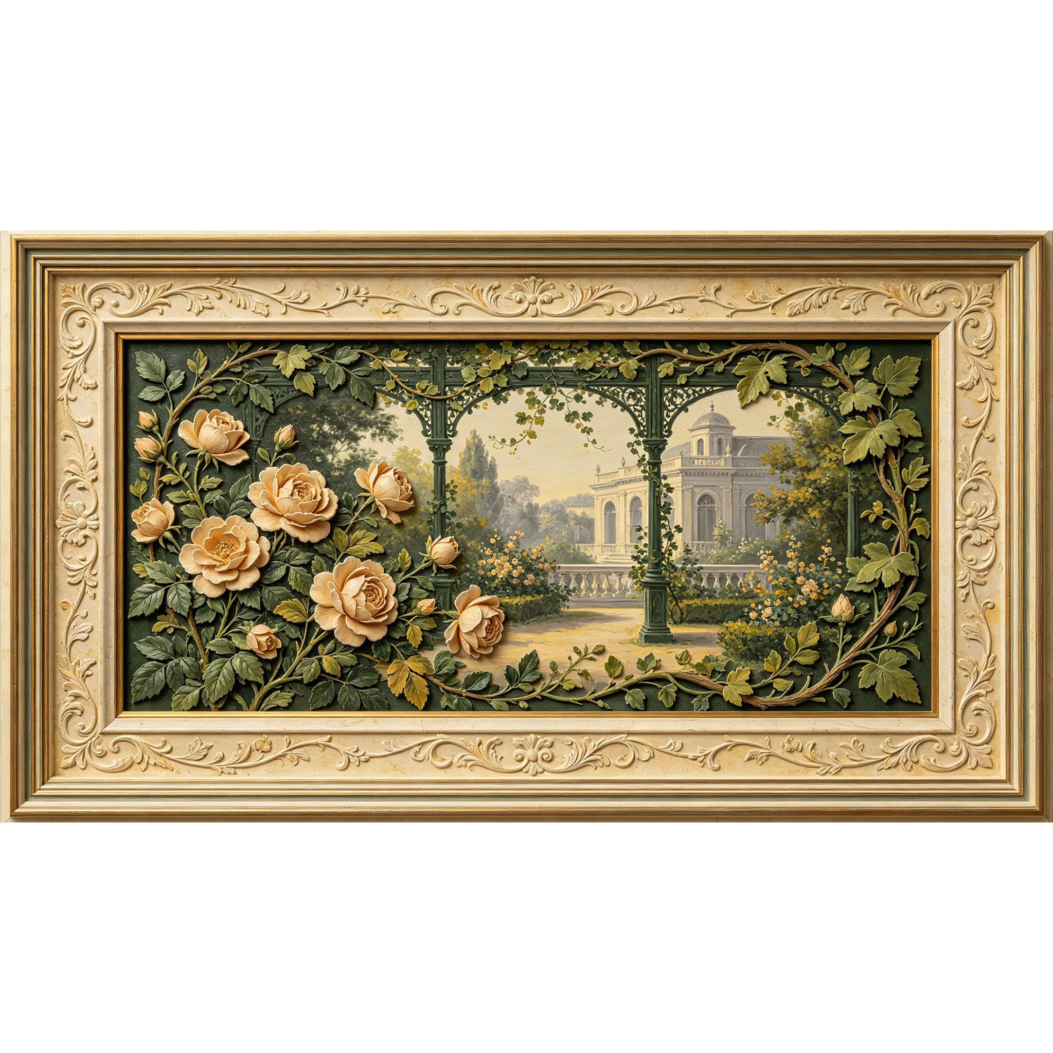 QZLITHOTIC 50×90cm3D Framed Wall Art， Neoclassical Garden Rose Floral SelfAdhesive Mural， WaterActivated Peel & Stick Fabric Decor Wall Decal for Bedroom Living Room