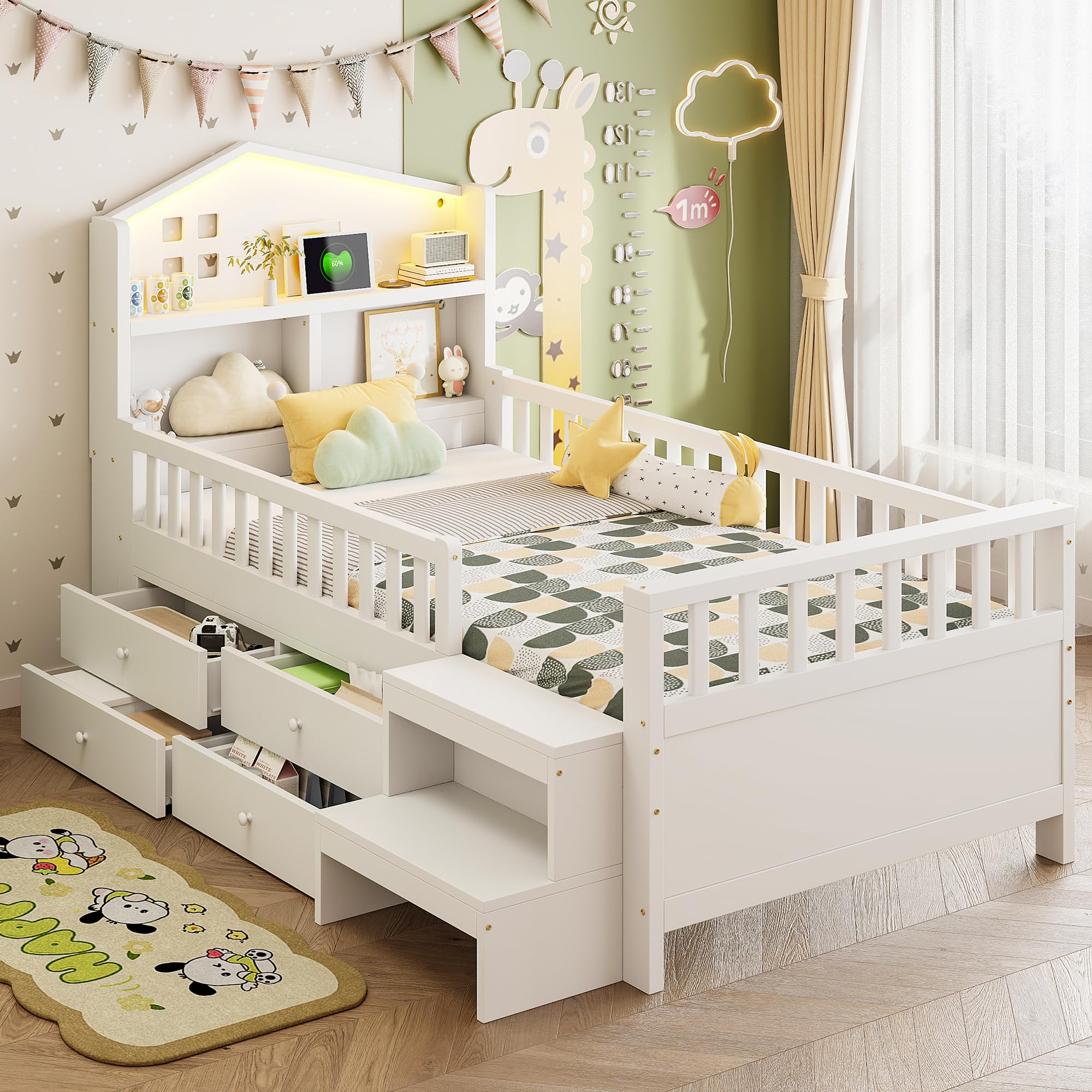 Soweiz Letto per bambini 90x200 cm, letto singolo con sponda di sicurezza, con quattro cassetti, con gradini, letto in legno massiccio con rete a doghe (bianco)
